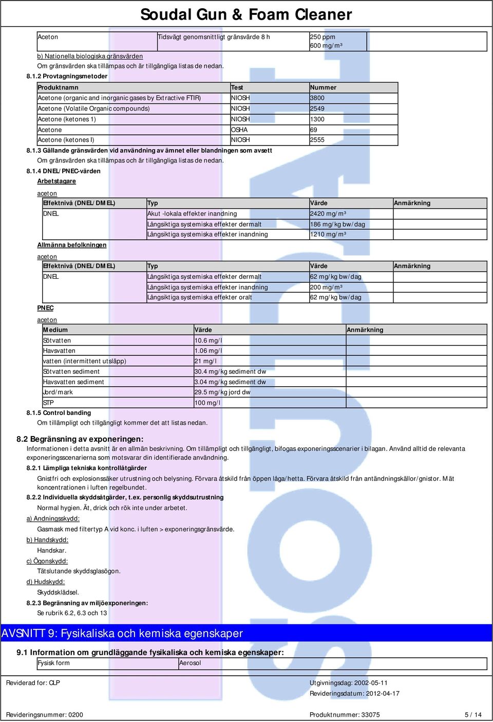 Acetone OSHA 69 Acetone (ketones I) NIOSH 2555 8.1.