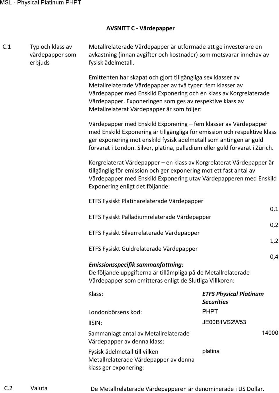 Emittenten har skapat och gjort tillgängliga sex klasser av Metallrelaterade Värdepapper av två typer: fem klasser av Värdepapper med Enskild Exponering och en klass av Korgrelaterade Värdepapper.