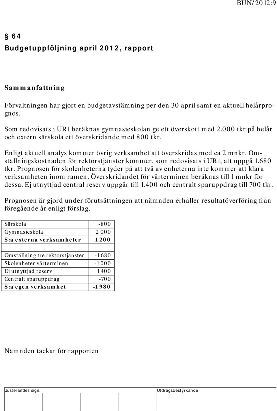 Enligt aktuell analys kommer övrig verksamhet att överskridas med ca 2 mnkr. Omställningskostnaden för rektorstjänster kommer, som redovisats i UR1, att uppgå 1.680 tkr.