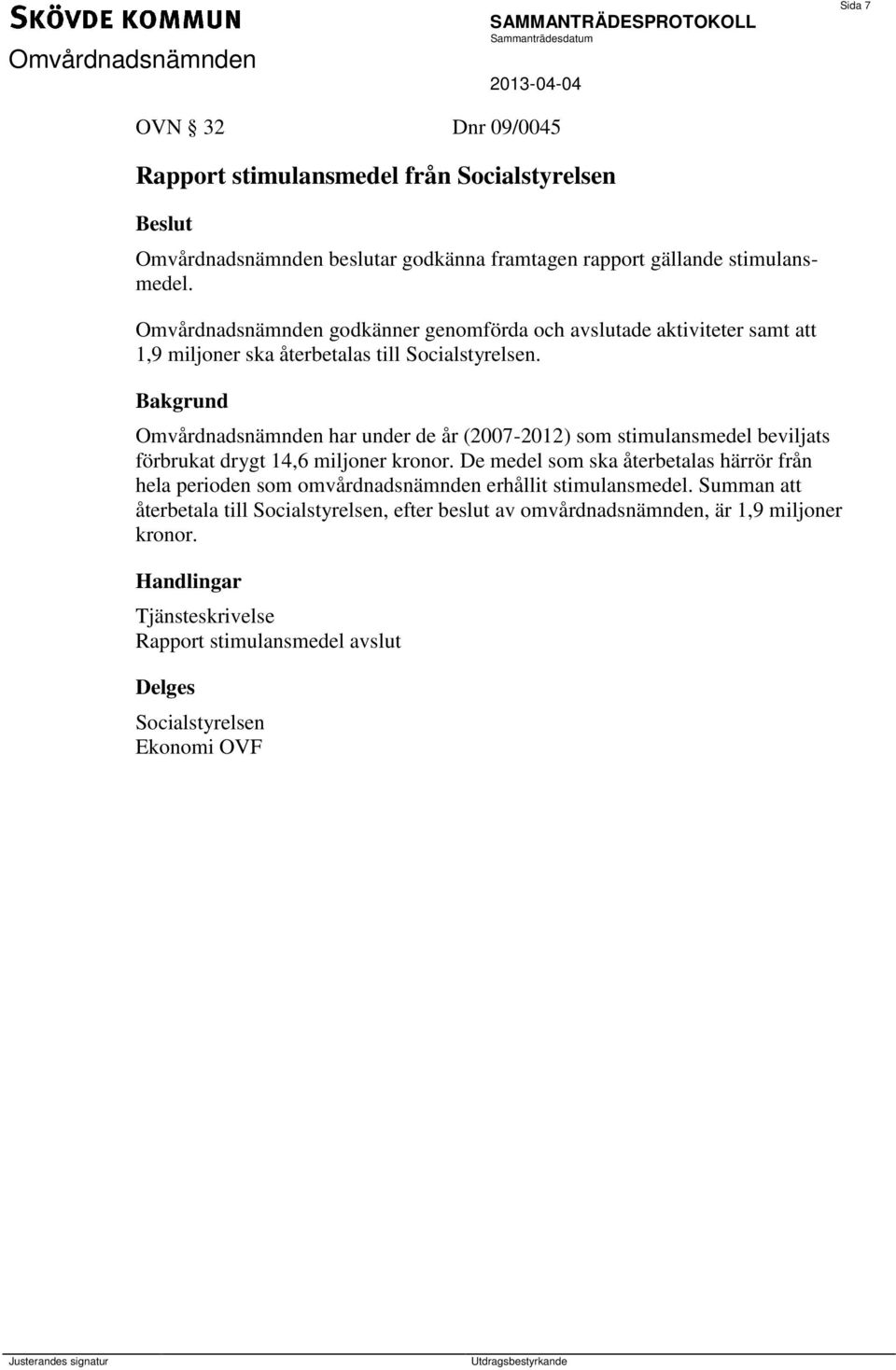 Omvårdnadsnämnden har under de år (2007-2012) som stimulansmedel beviljats förbrukat drygt 14,6 miljoner kronor.