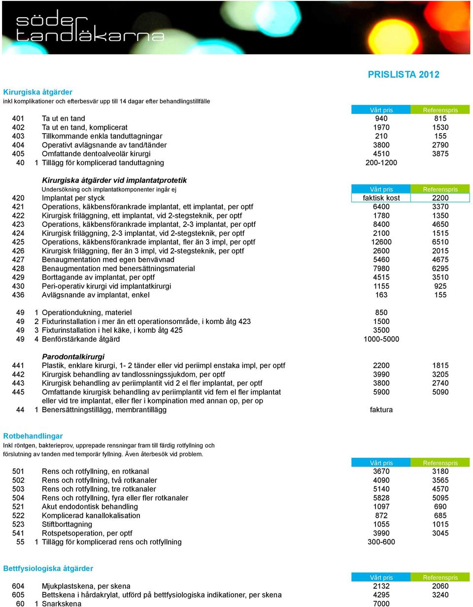 implantatprotetik Undersökning och implantatkomponenter ingår ej 420 Implantat per styck faktisk kost 2200 421 Operations, käkbensförankrade implantat, ett implantat, per optf 6400 3370 422 Kirurgisk