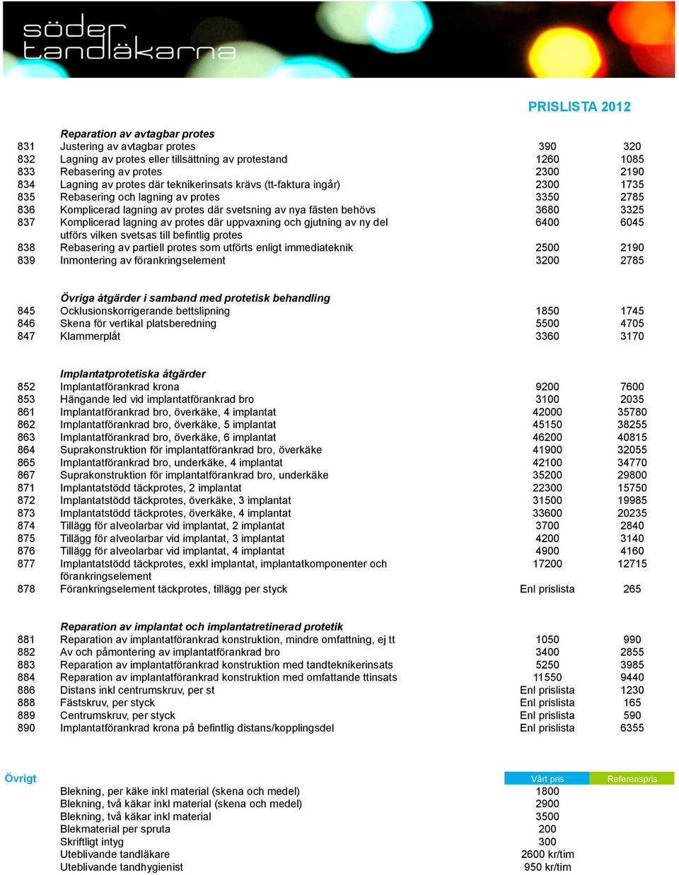 av protes där uppvaxning och gjutning av ny del 6400 6045 utförs vilken svetsas till befintlig protes 838 Rebasering av partiell protes som utförts enligt immediateknik 2500 2190 839 Inmontering av