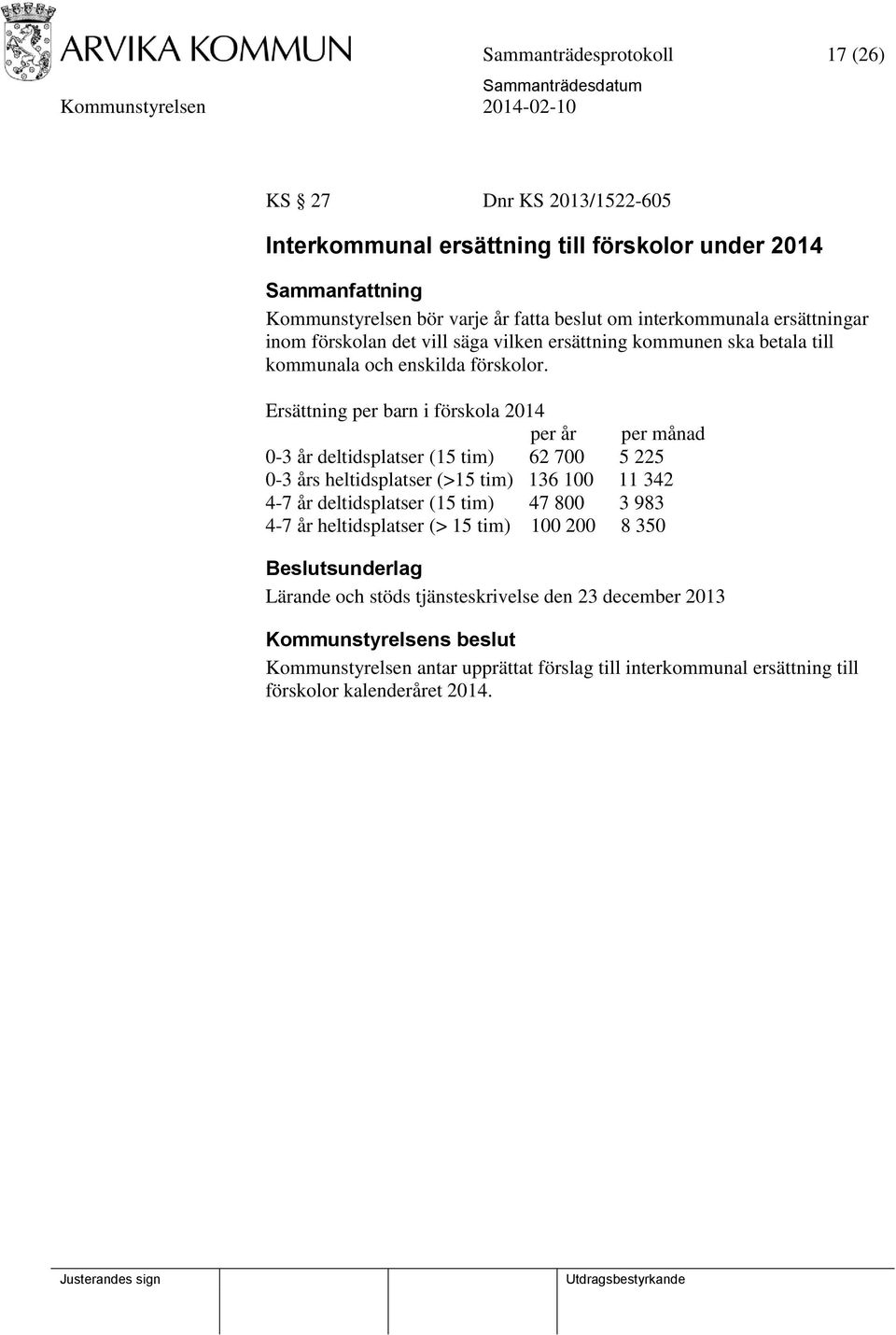 Ersättning per barn i förskola 2014 per år per månad 0-3 år deltidsplatser (15 tim) 62 700 5 225 0-3 års heltidsplatser (>15 tim) 136 100 11 342 4-7 år deltidsplatser (15