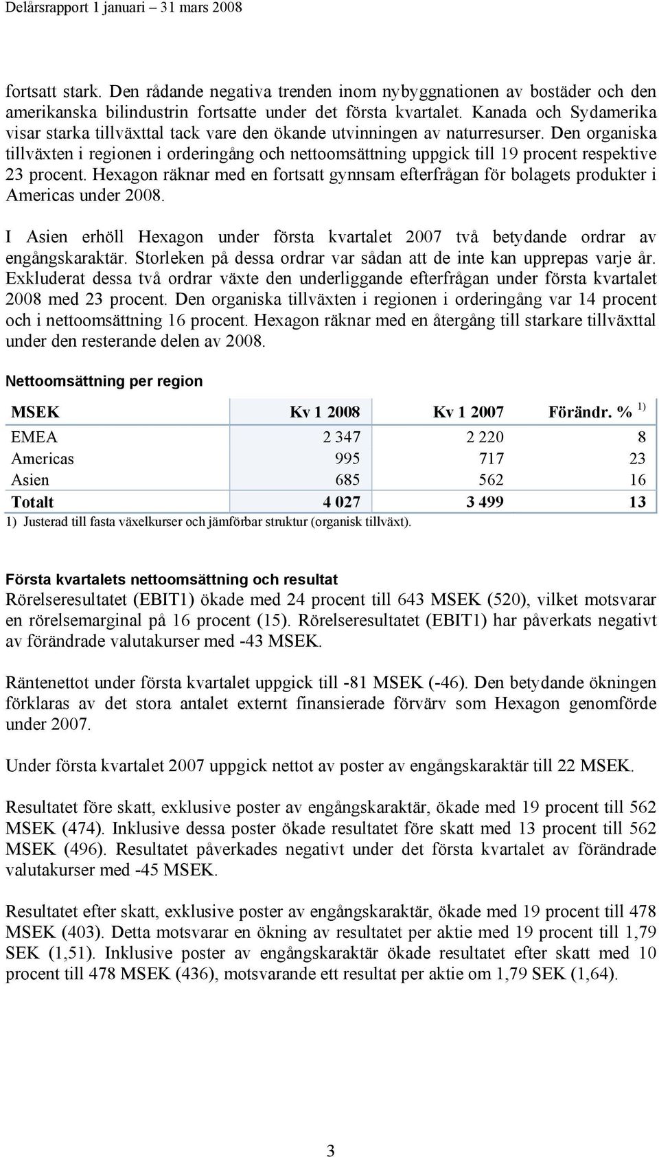 Den organiska tillväxten i regionen i orderingång och nettoomsättning uppgick till 19 procent respektive 23 procent.