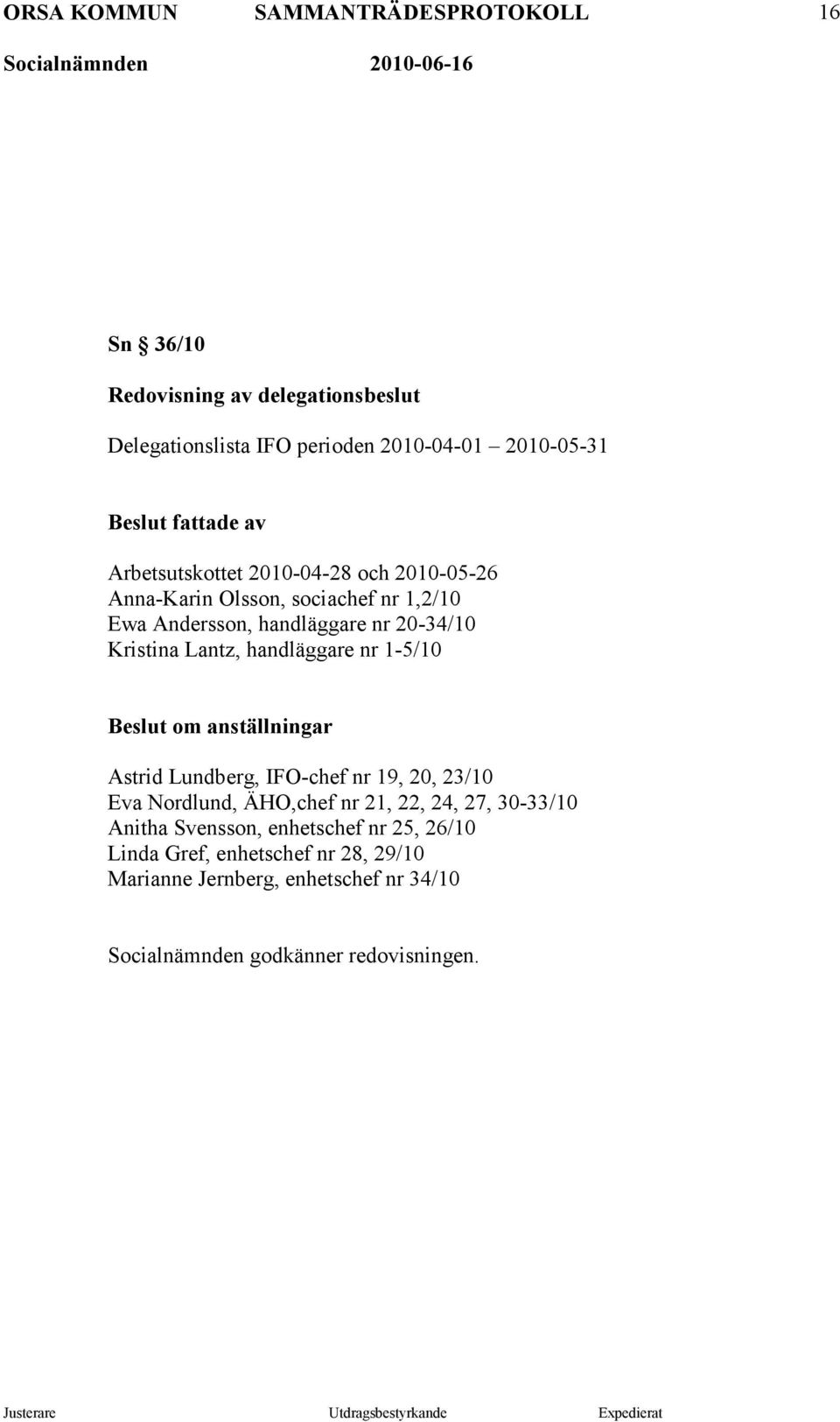 nr 1-5/10 om anställningar Astrid Lundberg, IFO-chef nr 19, 20, 23/10 Eva Nordlund, ÄHO,chef nr 21, 22, 24, 27, 30-33/10 Anitha