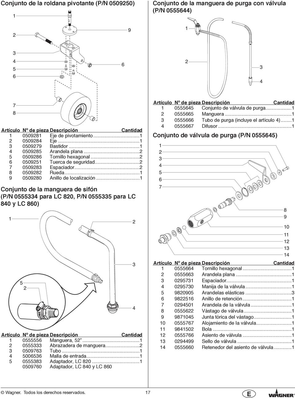 .. Conjunto de la manguera de sfón (P/N 0555 para LC 80, P/N 05555 para LC 80 y LC 860) 5 Artículo Nº de peza Descrpcón Cantdad 0555556 Manguera, 5... 0555 Abrazadera de manguera... 050976 Tubo.