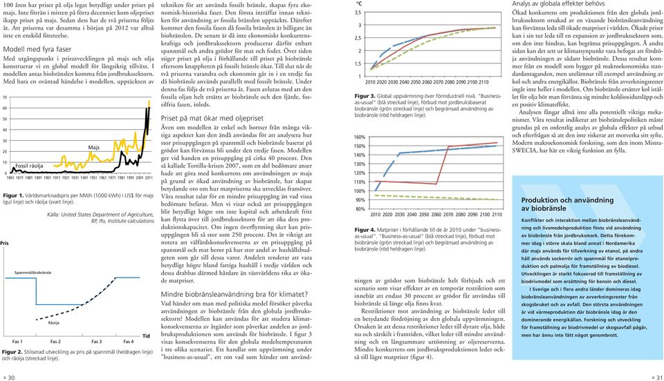 Modell med fyra faser Med utgångspunkt i prisutvecklingen på majs och olja konstruerar vi en global modell för långsiktig tillväxt. I modellen antas biobränslen komma från jordbrukssektorn.