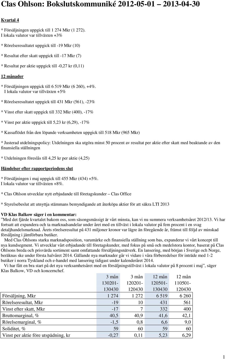 Försäljningen uppgick till 6 519 Mkr (6 260), +4%.