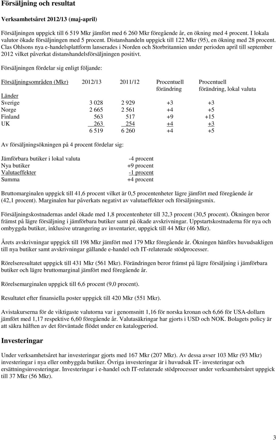 Clas Ohlsons nya e-handelsplattform lanserades i Norden och Storbritannien under perioden april till september 2012 vilket påverkat distanshandelsförsäljningen positivt.