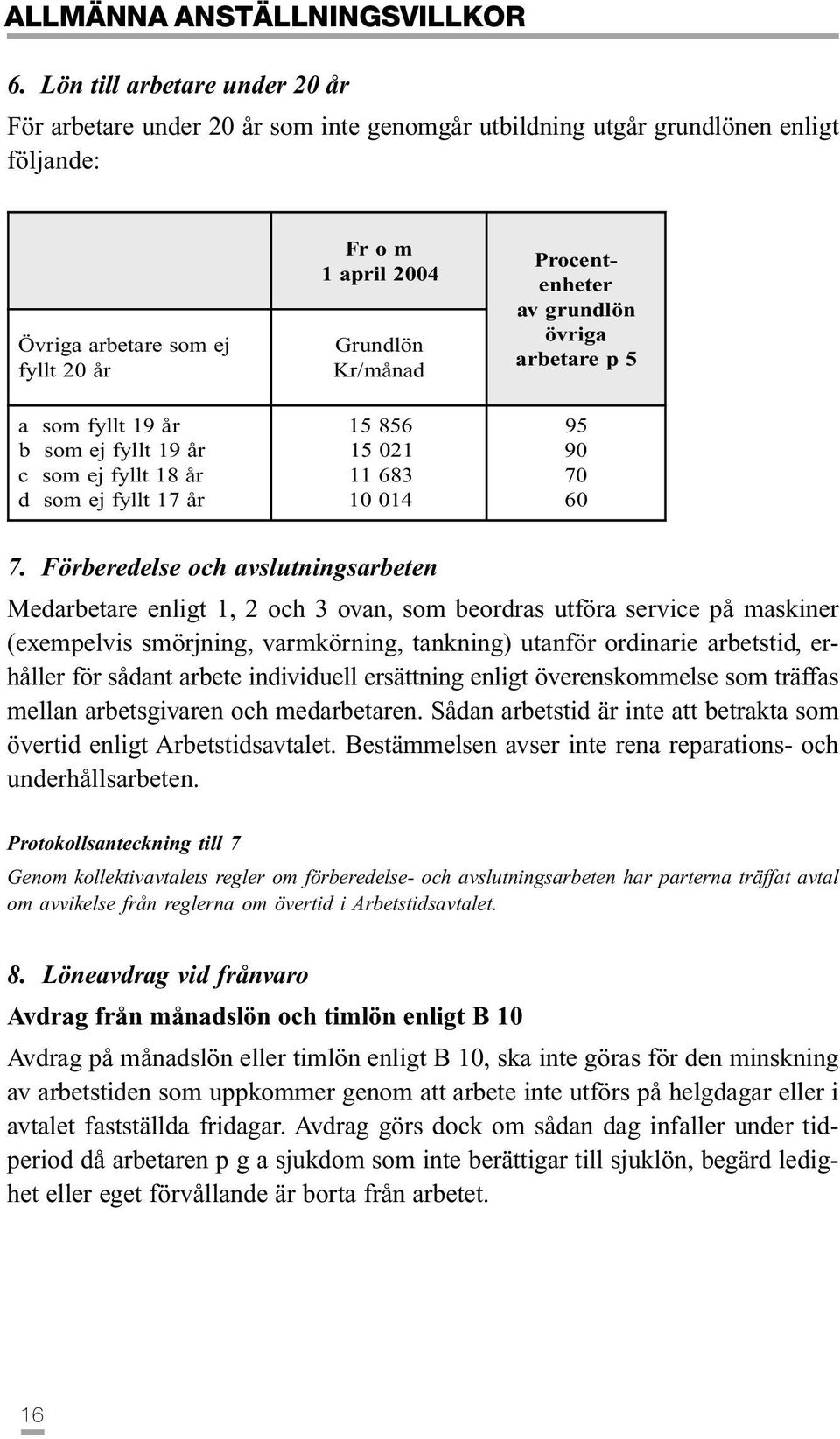 Procentenheter av grundlön övriga arbetare p 5 a b c d som fyllt 19 år som ej fyllt 19 år som ej fyllt 18 år som ej fyllt 17 år 15 856 15 021 11 683 10 014 95 90 70 60 7.