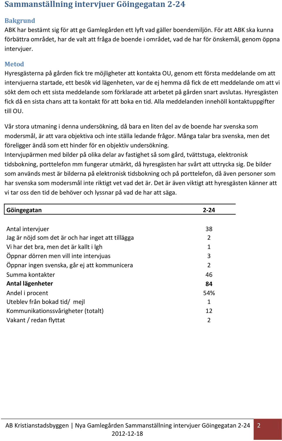 Metod Hyresgästerna på gården fick tre möjligheter att kontakta OU, genom ett första meddelande om att intervjuerna startade, ett besök vid lägenheten, var de ej hemma då fick de ett meddelande om