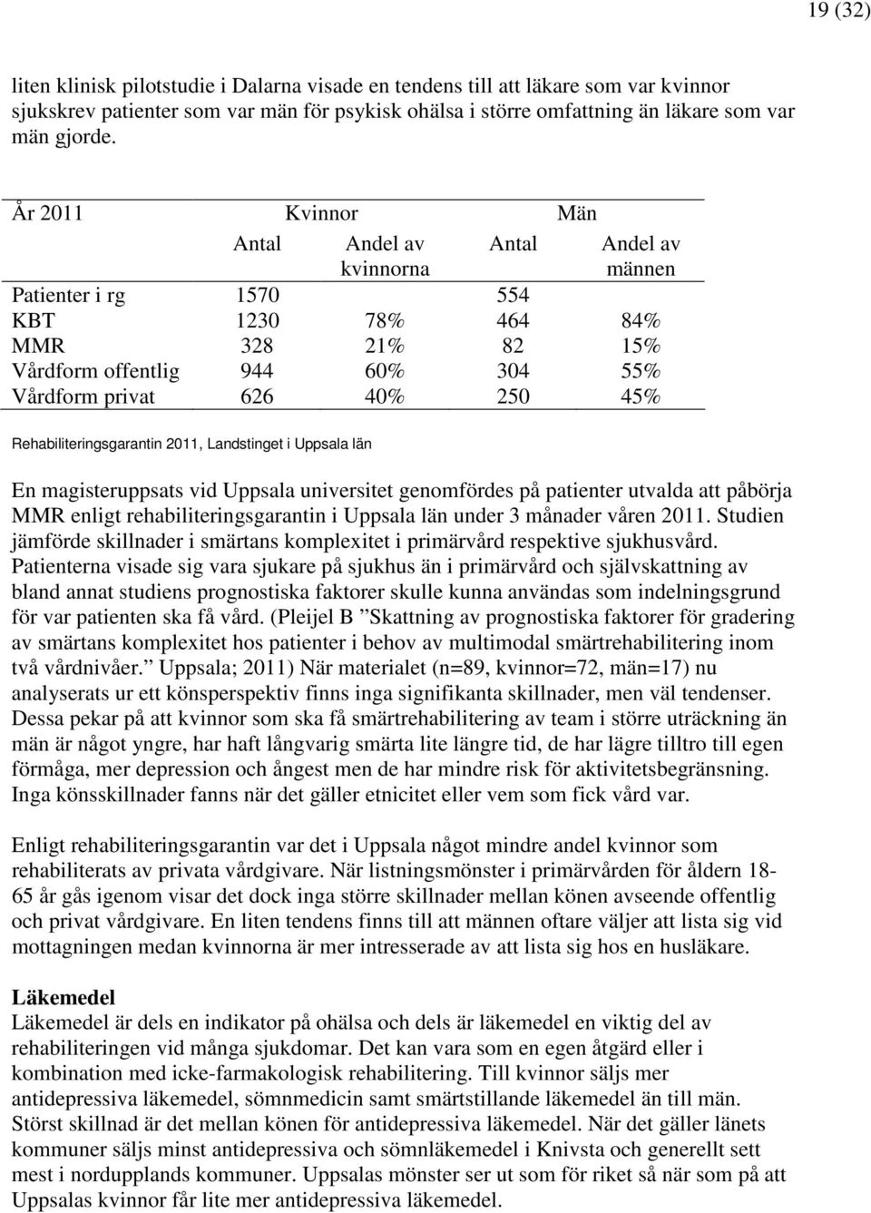 Rehabiliteringsgarantin 2011, Landstinget i Uppsala län En magisteruppsats vid Uppsala universitet genomfördes på patienter utvalda att påbörja MMR enligt rehabiliteringsgarantin i Uppsala län under