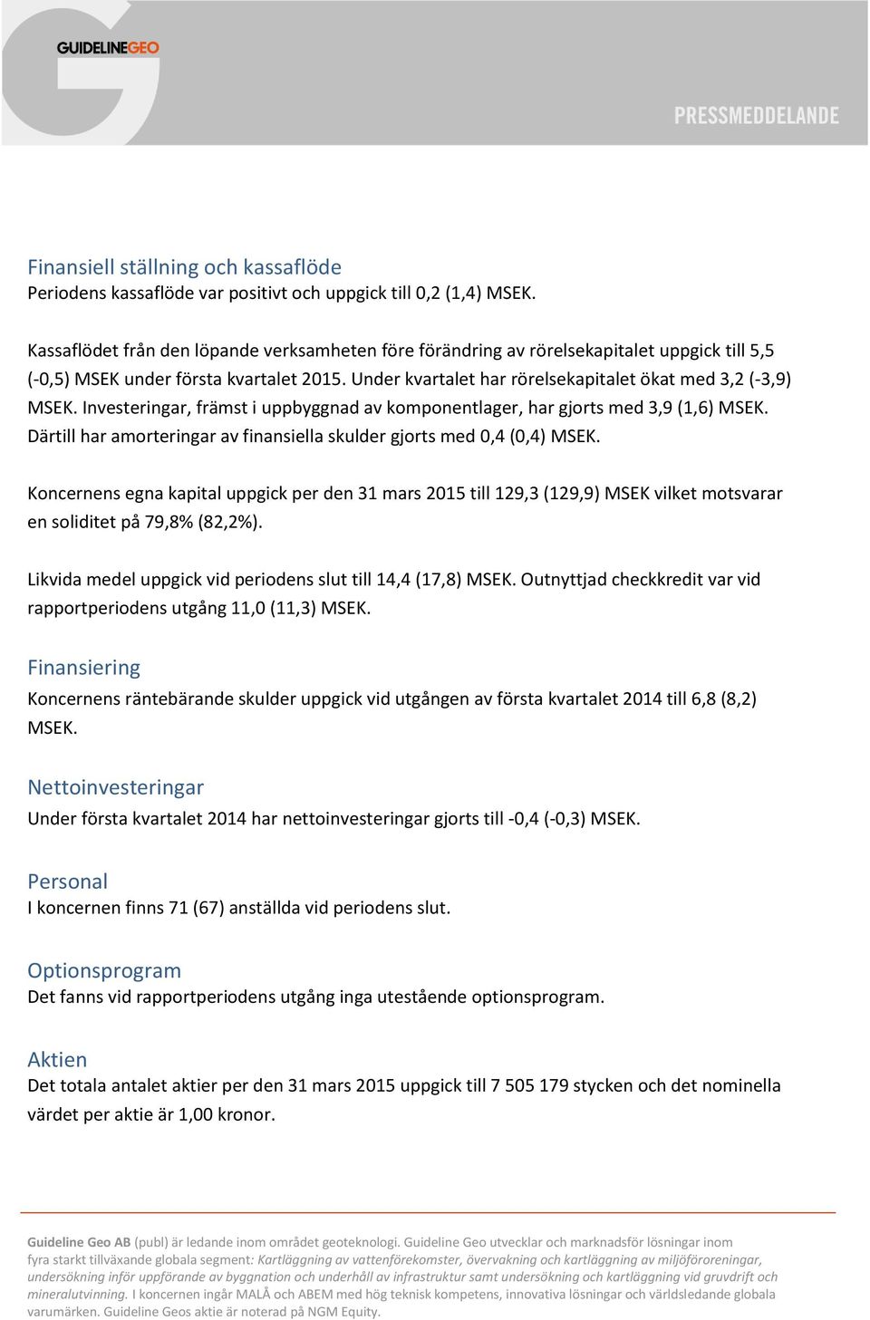 Investeringar, främst i uppbyggnad av komponentlager, har gjorts med 3,9 (1,6) MSEK. Därtill har amorteringar av finansiella skulder gjorts med 0,4 (0,4) MSEK.