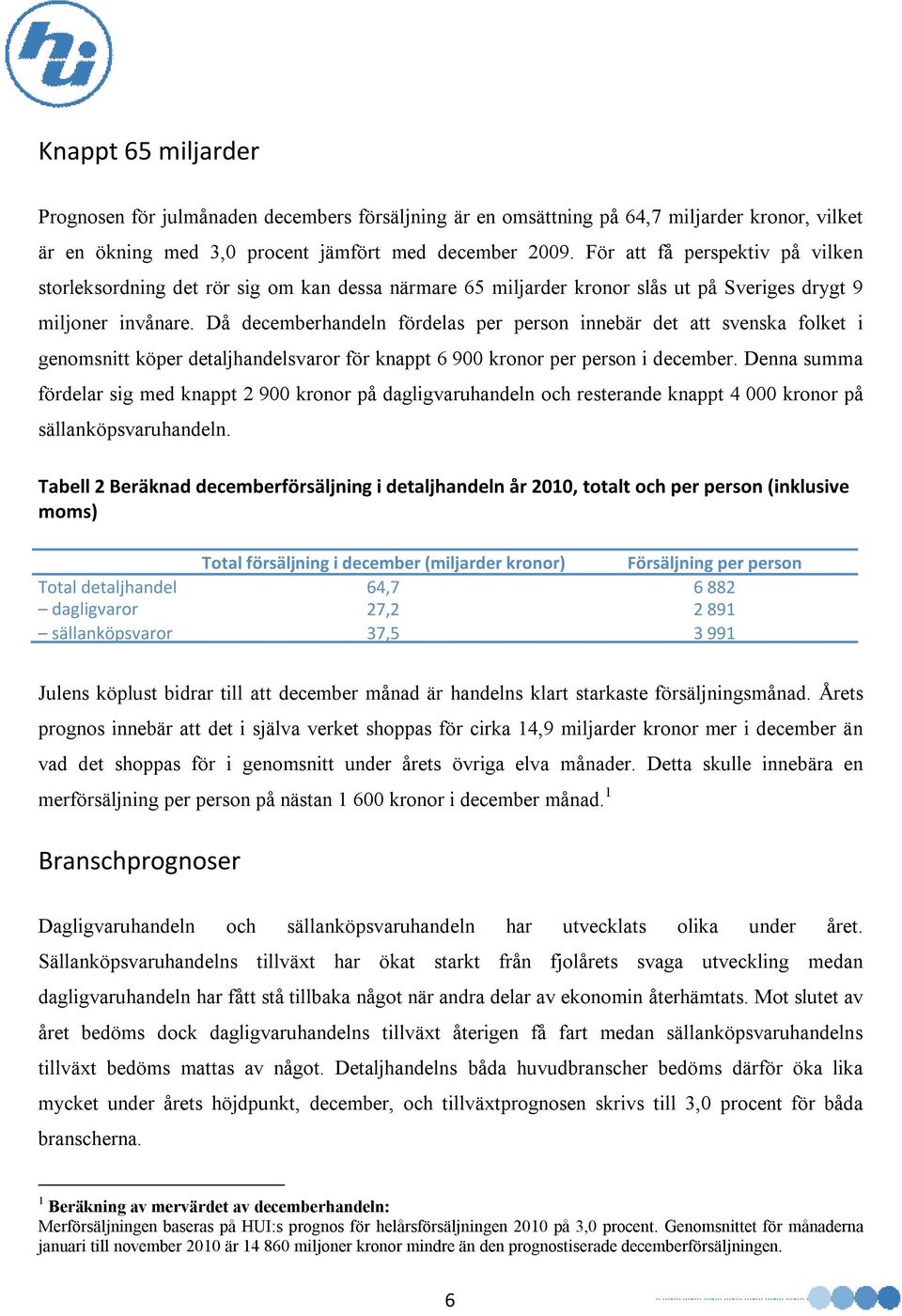 Då decemberhandeln fördelas per person innebär det att svenska folket i genomsnitt köper detaljhandelsvaror för knappt 6 900 kronor per person i december.