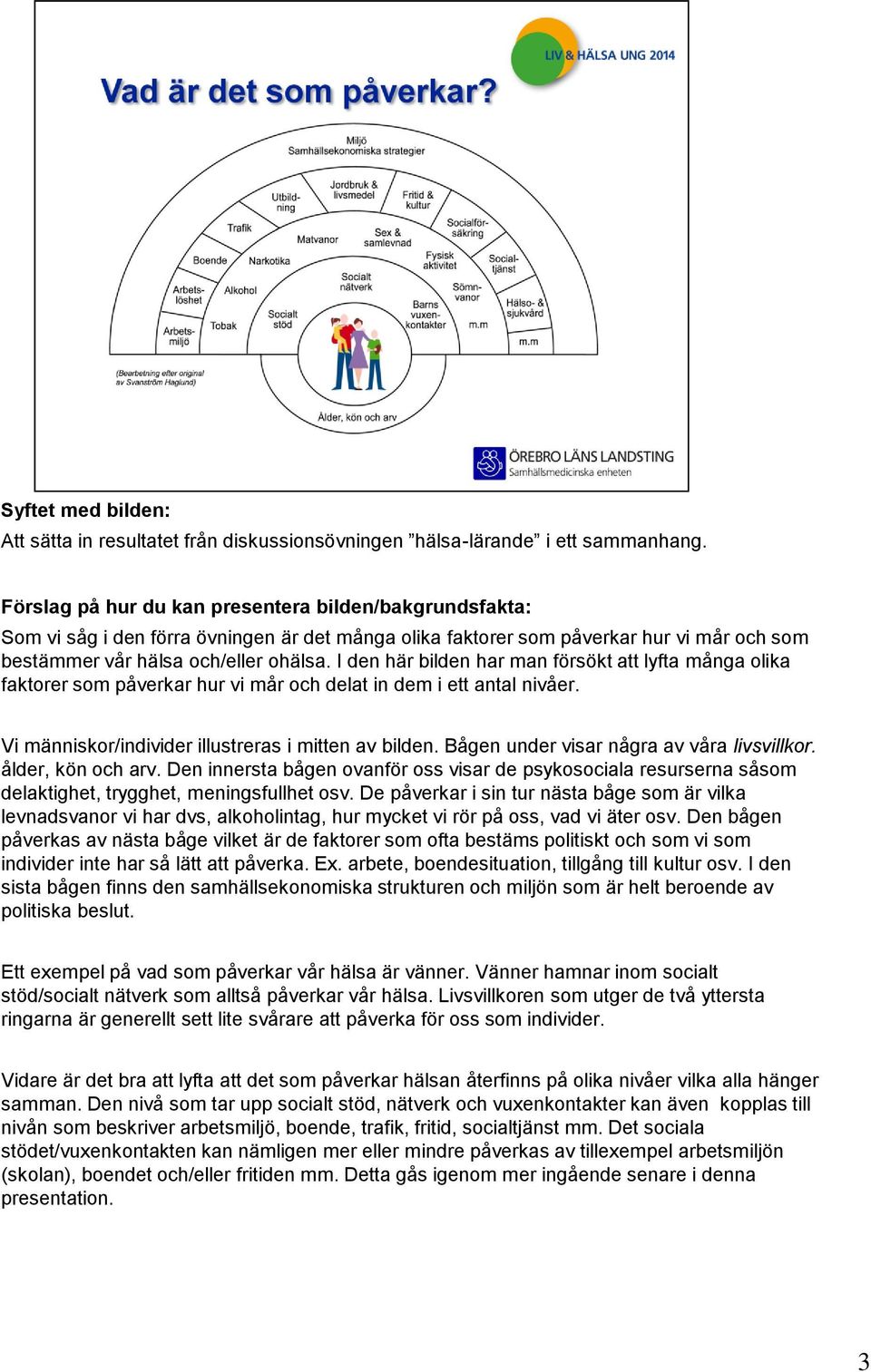 I den här bilden har man försökt att lyfta många olika faktorer som påverkar hur vi mår och delat in dem i ett antal nivåer. Vi människor/individer illustreras i mitten av bilden.