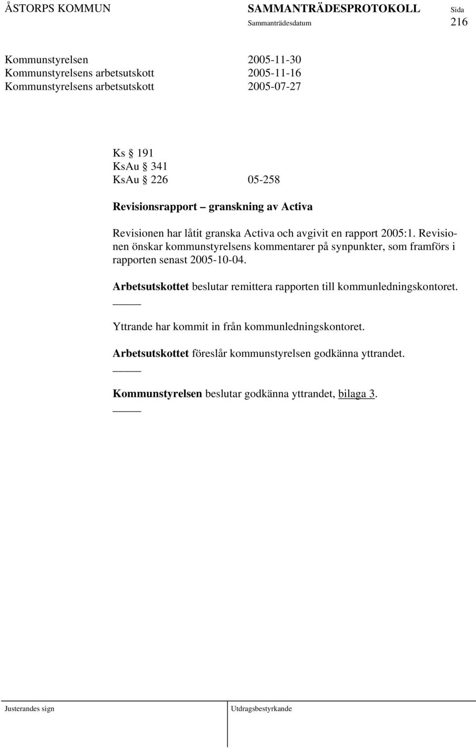 Revisionen önskar kommunstyrelsens kommentarer på synpunkter, som framförs i rapporten senast 2005-10-04.