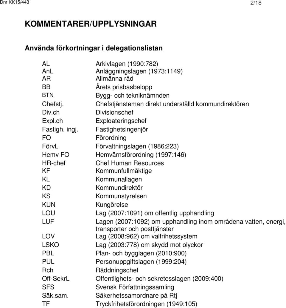 Fastighetsingenjör FO Förordning FörvL Förvaltningslagen (1986:223) Hemv FO Hemvärnsförordning (1997:146) HR-chef Chef Human Resources KF Kommunfullmäktige KL Kommunallagen KD Kommundirektör KS