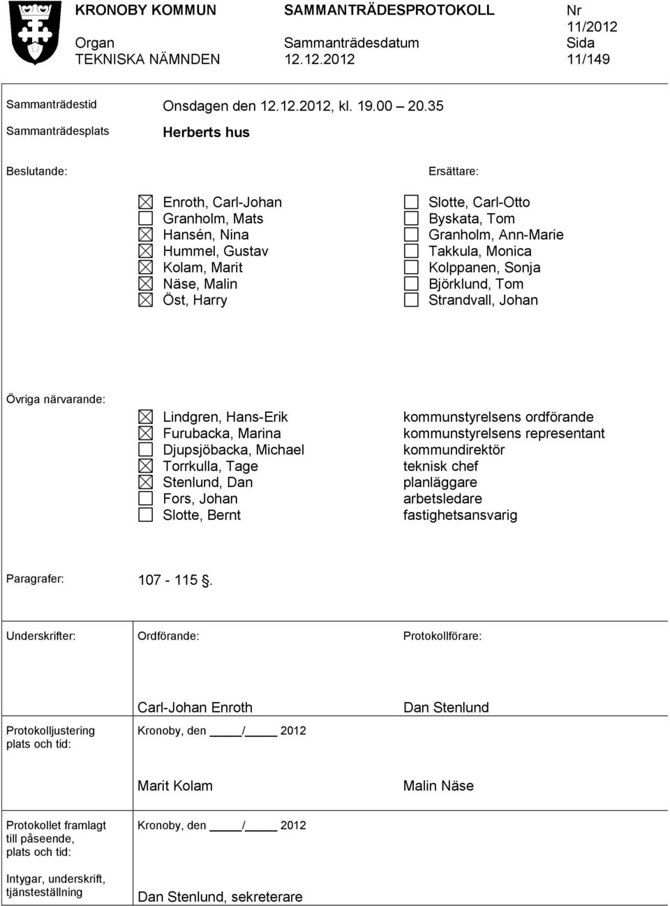 Ann-Marie Takkula, Monica Kolppanen, Sonja Björklund, Tom Strandvall, Johan Övriga närvarande: Lindgren, Hans-Erik Furubacka, Marina Djupsjöbacka, Michael Torrkulla, Tage Stenlund, Dan Fors, Johan