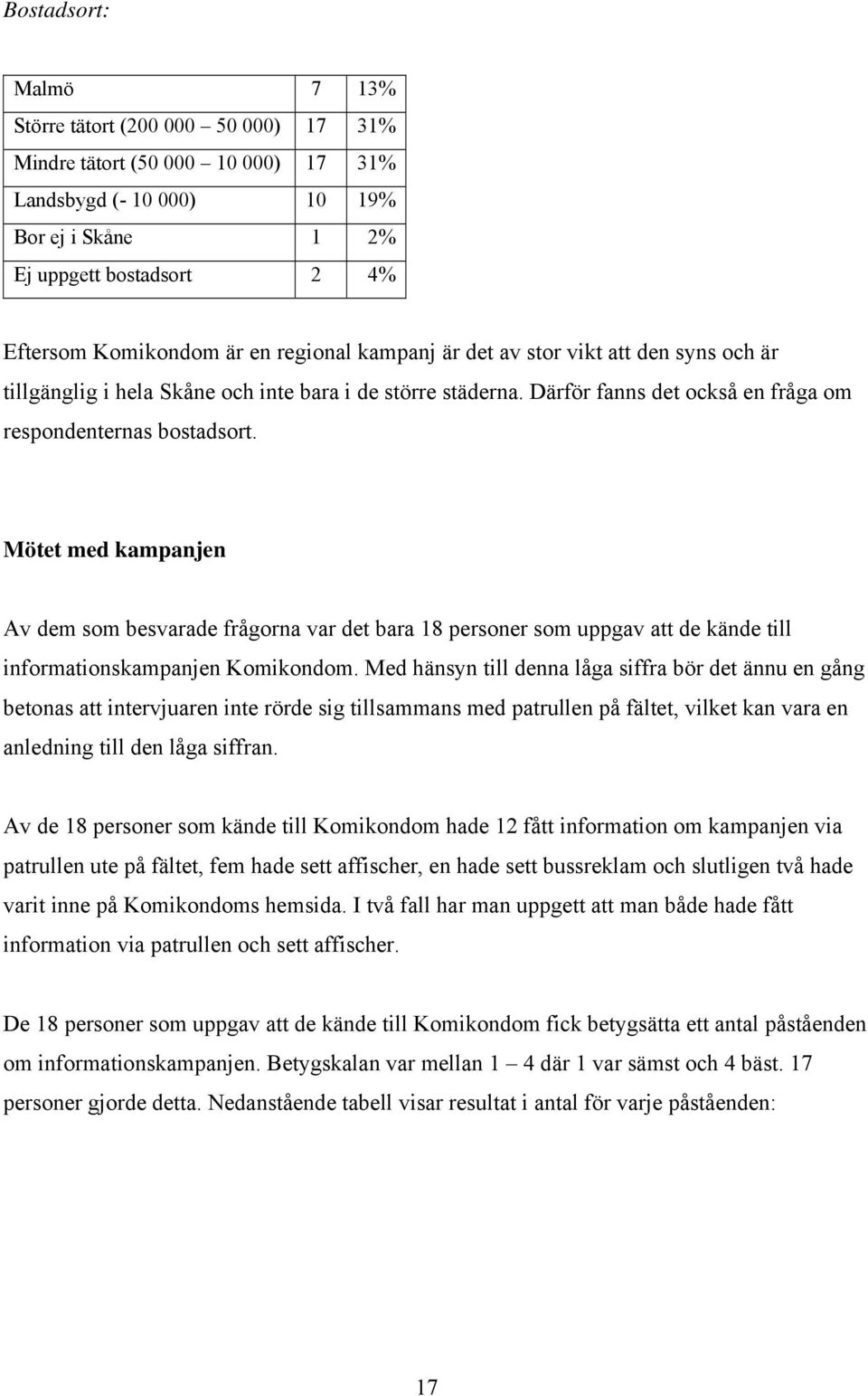 Mötet med kampanjen Av dem som besvarade frågorna var det bara 18 personer som uppgav att de kände till informationskampanjen Komikondom.