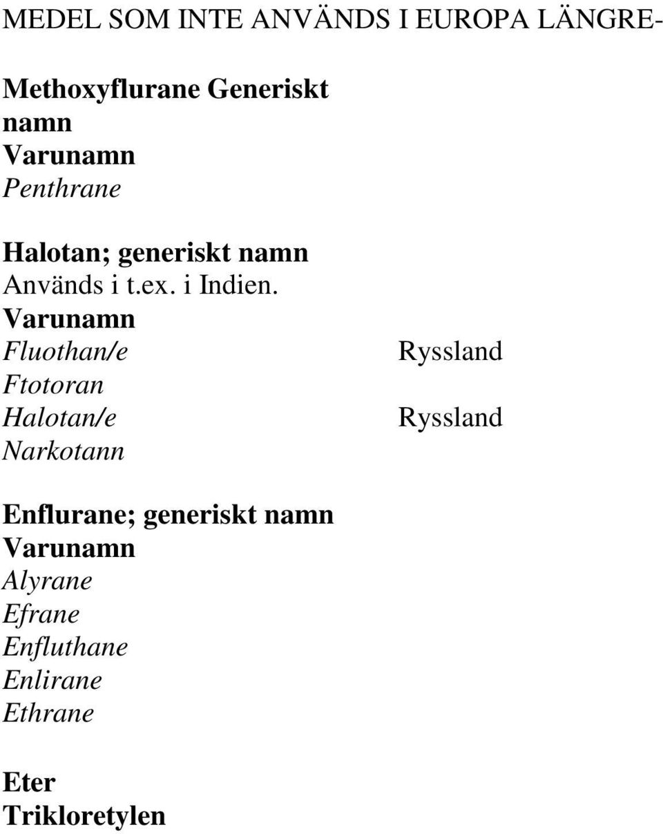 Fluothan/e Ftotoran Halotan/e Narkotann Ryssland Ryssland Enflurane;