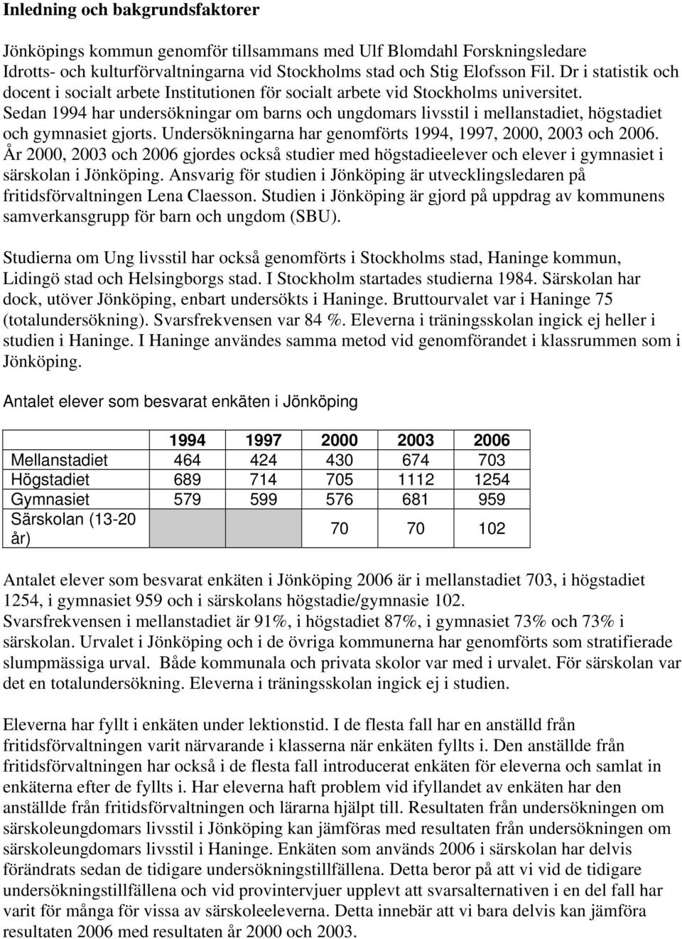 Sedan 1994 har undersökningar om barns och ungdomars livsstil i mellanstadiet, högstadiet och gymnasiet gjorts. Undersökningarna har genomförts 1994, 1997, 2000, 2003 och 2006.