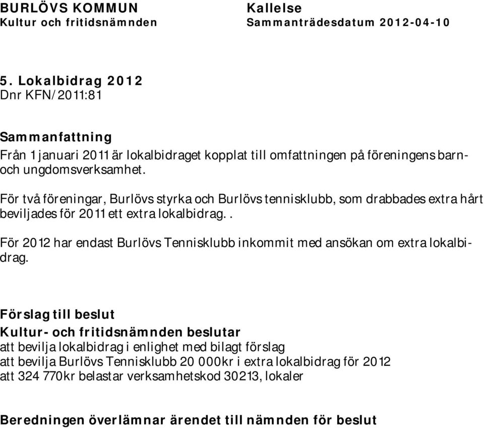 . För 2012 har endast Burlövs Tennisklubb inkommit med ansökan om extra lokalbidrag.