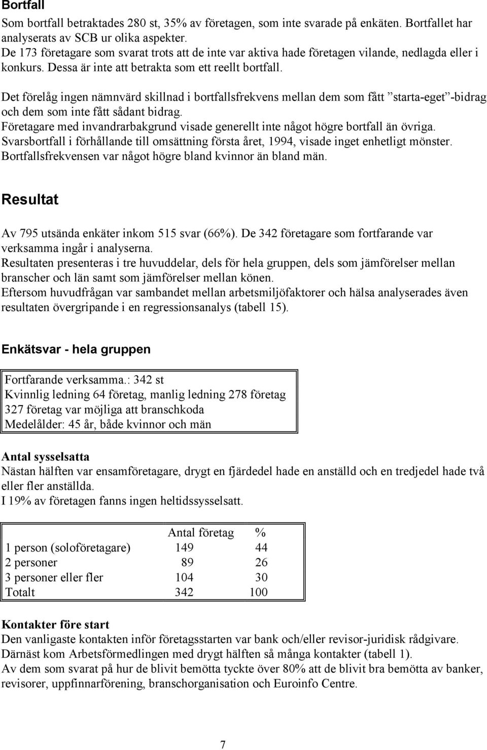 Det förelåg ingen nämnvärd skillnad i bortfallsfrekvens mellan dem som fått starta-eget -bidrag och dem som inte fått sådant bidrag.