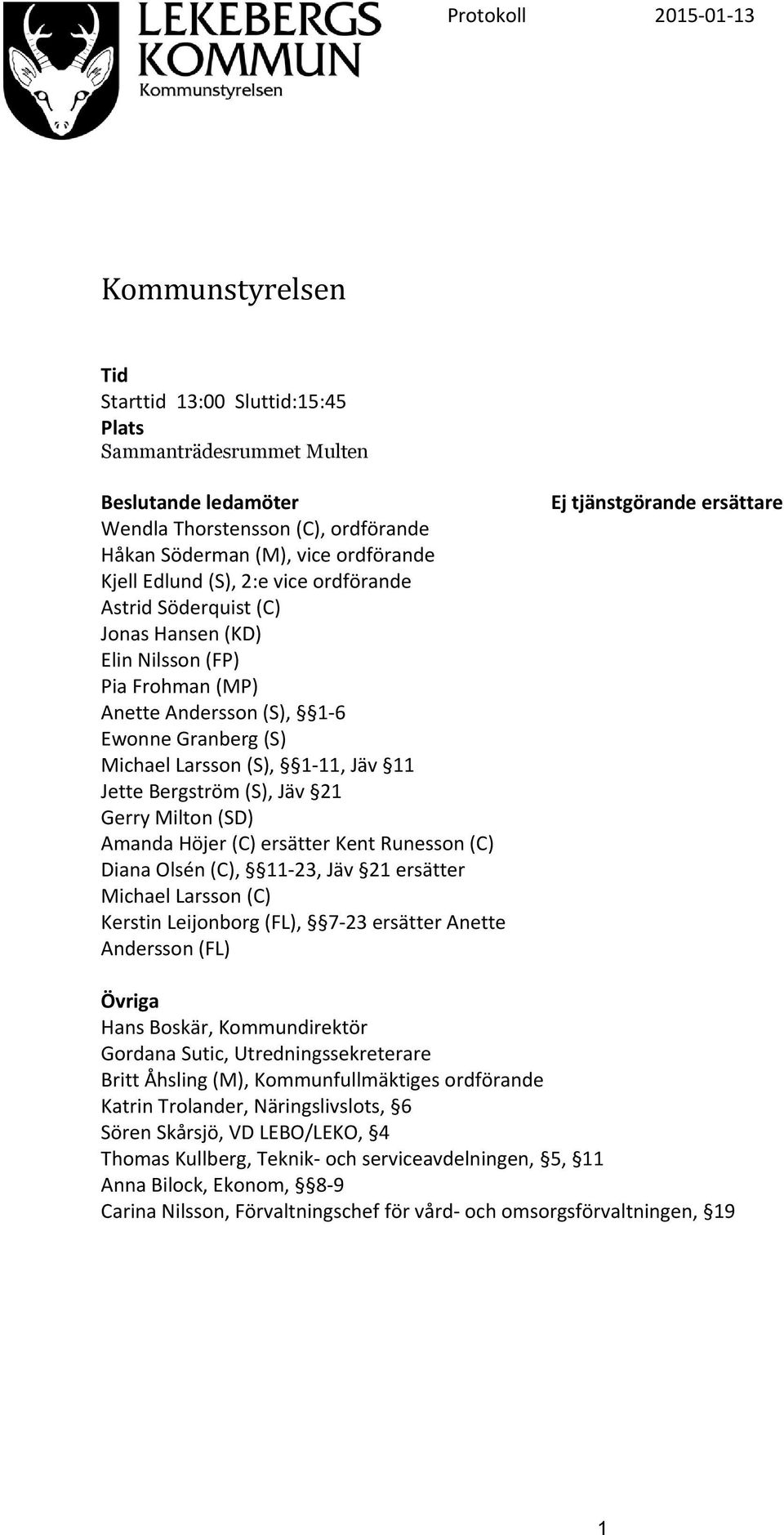 (SD) Amanda Höjer (C) ersätter Kent Runesson (C) Diana Olsén (C), 11-23, Jäv 21 ersätter Michael Larsson (C) Kerstin Leijonborg (FL), 7-23 ersätter Anette Andersson (FL) Ej tjänstgörande ersättare