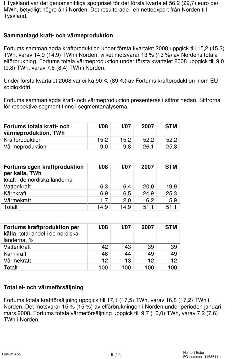 Nordens totala elförbrukning. Fortums totala värmeproduktion under första kvartalet 2008 uppgick till 9,0 (9,8) TWh, varav 7,6 (8,4) TWh i Norden.