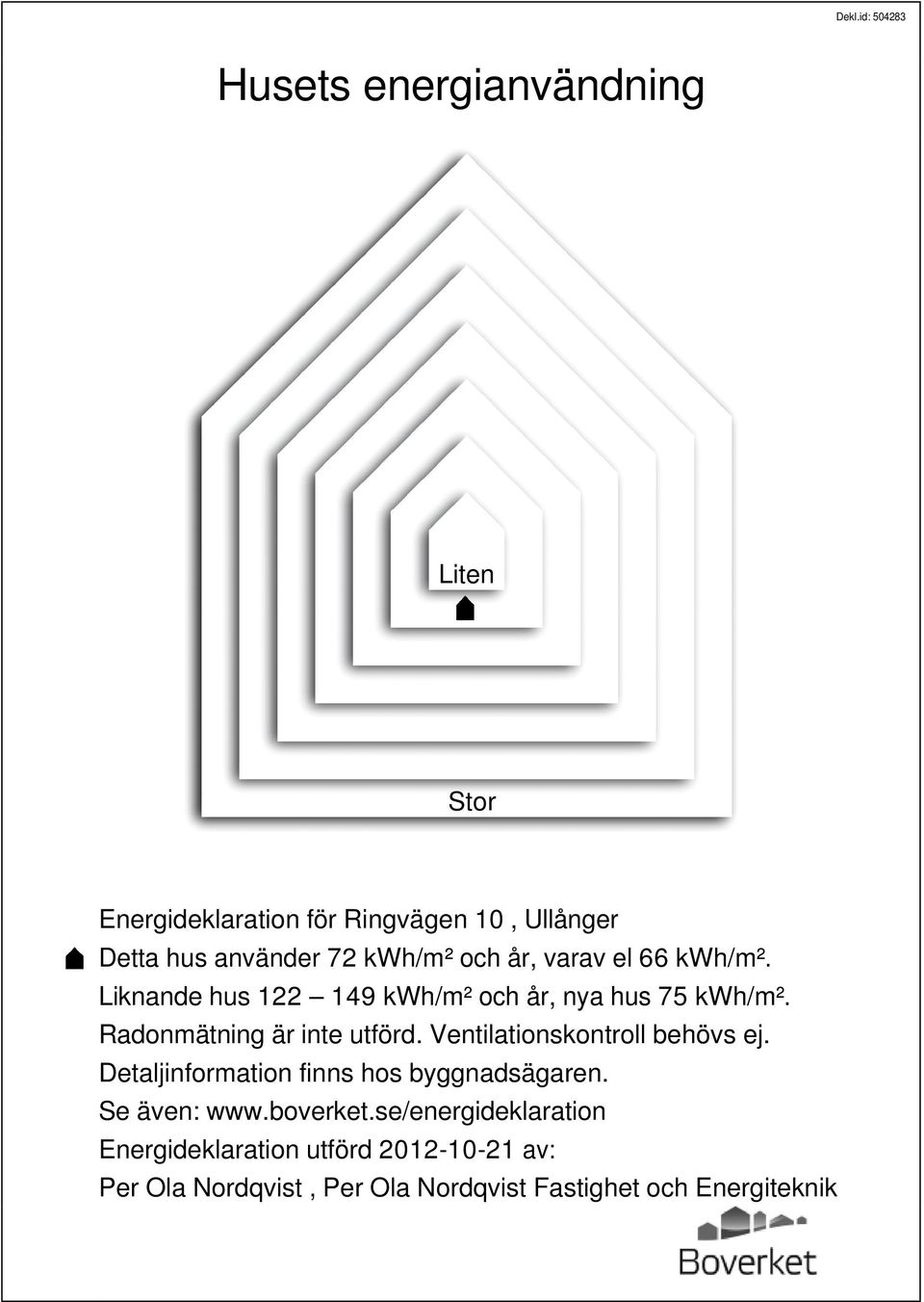 Radonmätning är inte utförd. Ventilationskontroll behövs ej. Detaljinformation finns hos byggnadsägaren.