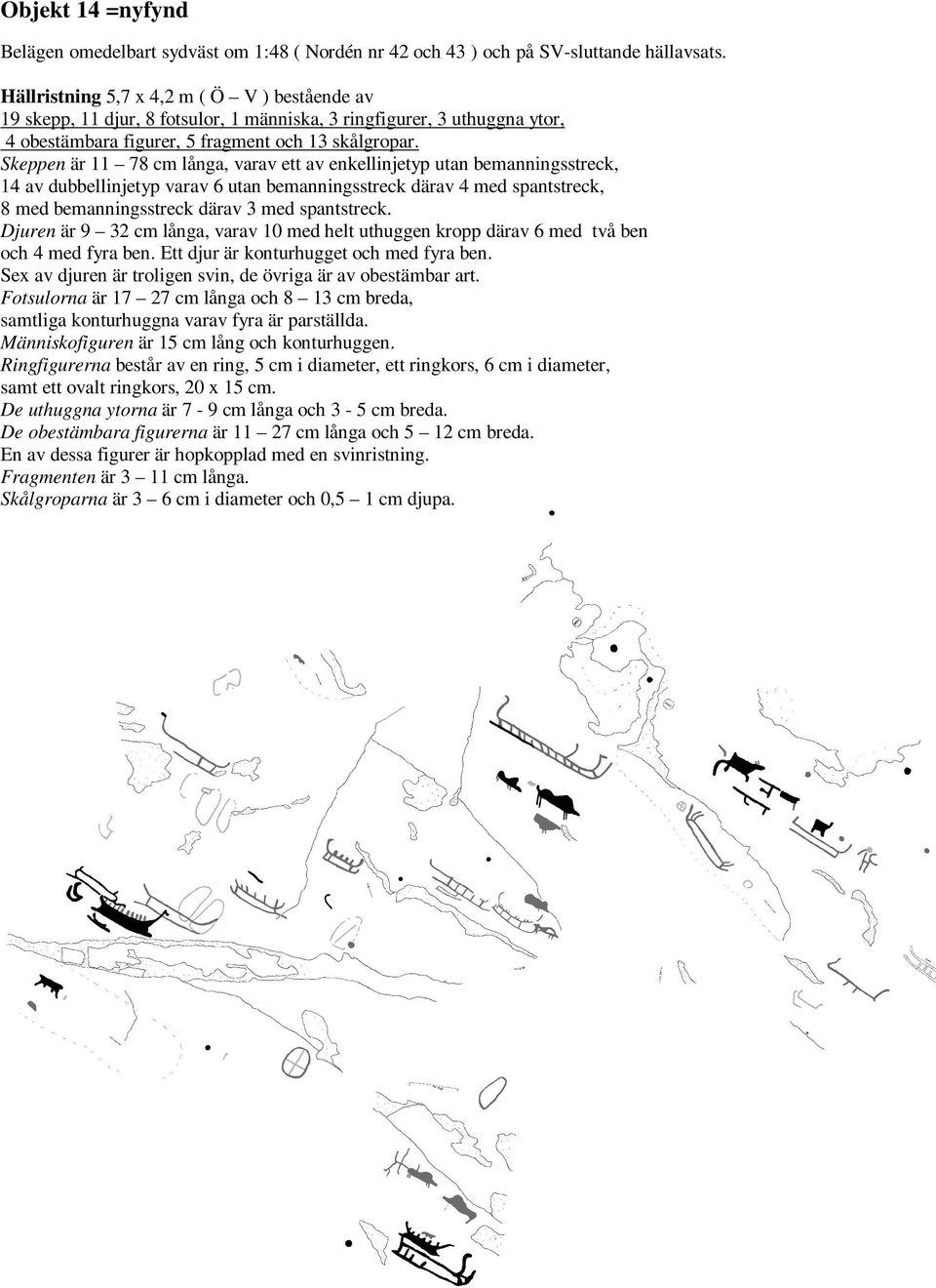 Skeppen är 11 78 cm långa, varav ett av enkellinjetyp utan bemanningsstreck, 14 av dubbellinjetyp varav 6 utan bemanningsstreck därav 4 med spantstreck, 8 med bemanningsstreck därav 3 med spantstreck.