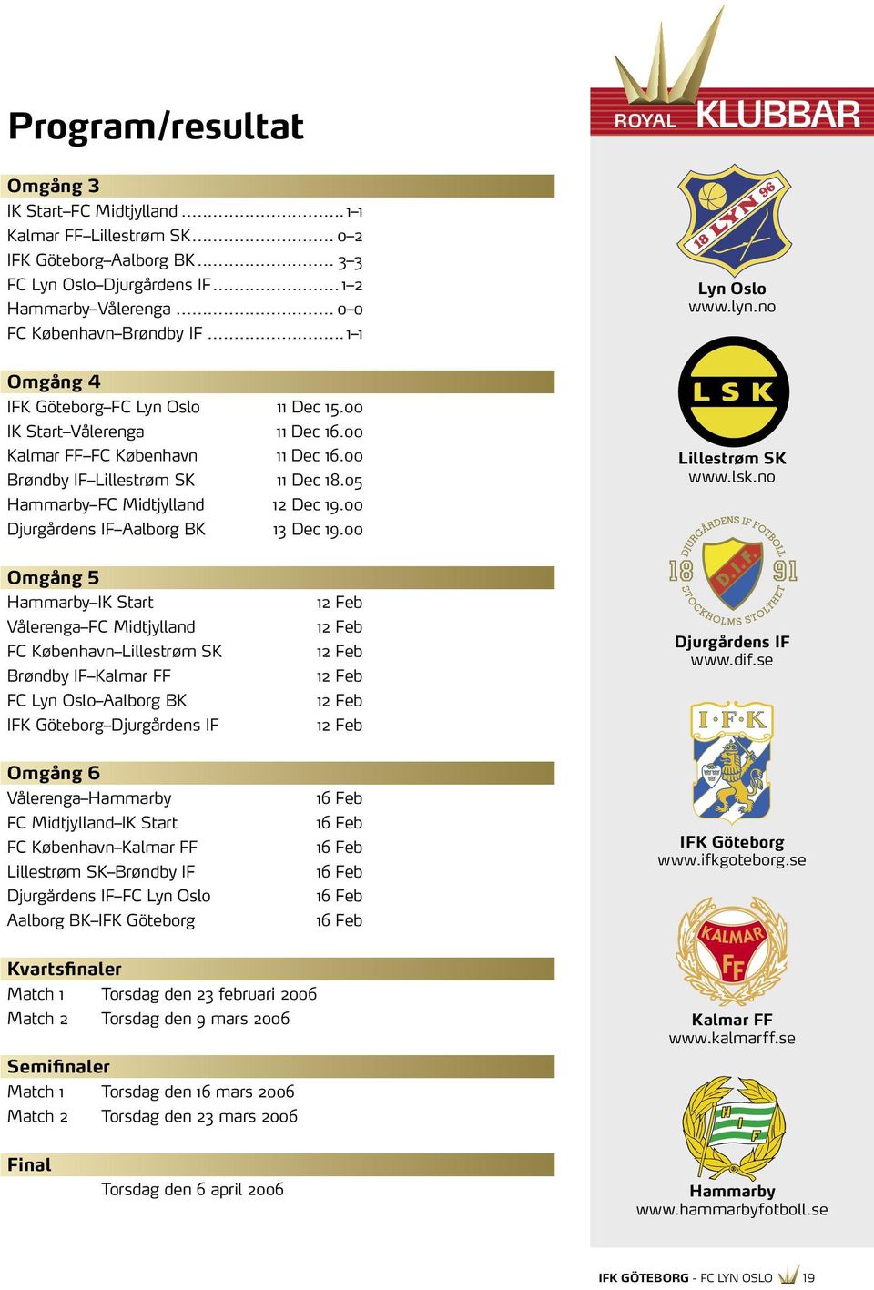 00 Brøndby IF Lillestrøm SK 11 Dec 18.05 Hammarby FC Midtjylland 12 Dec 19.00 Djurgårdens IF Aalborg BK 13 Dec 19.00 Lillestrøm SK www.lsk.