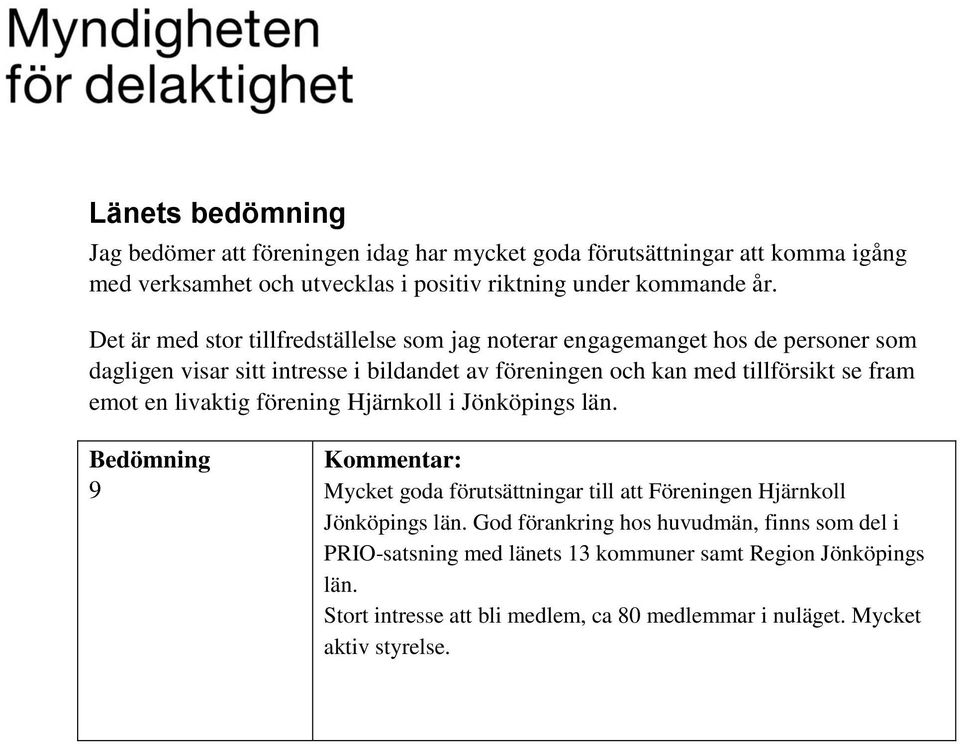 fram emot en livaktig förening Hjärnkoll i Jönköpings län. Bedömning 9 Kommentar: Mycket goda förutsättningar till att Föreningen Hjärnkoll Jönköpings län.