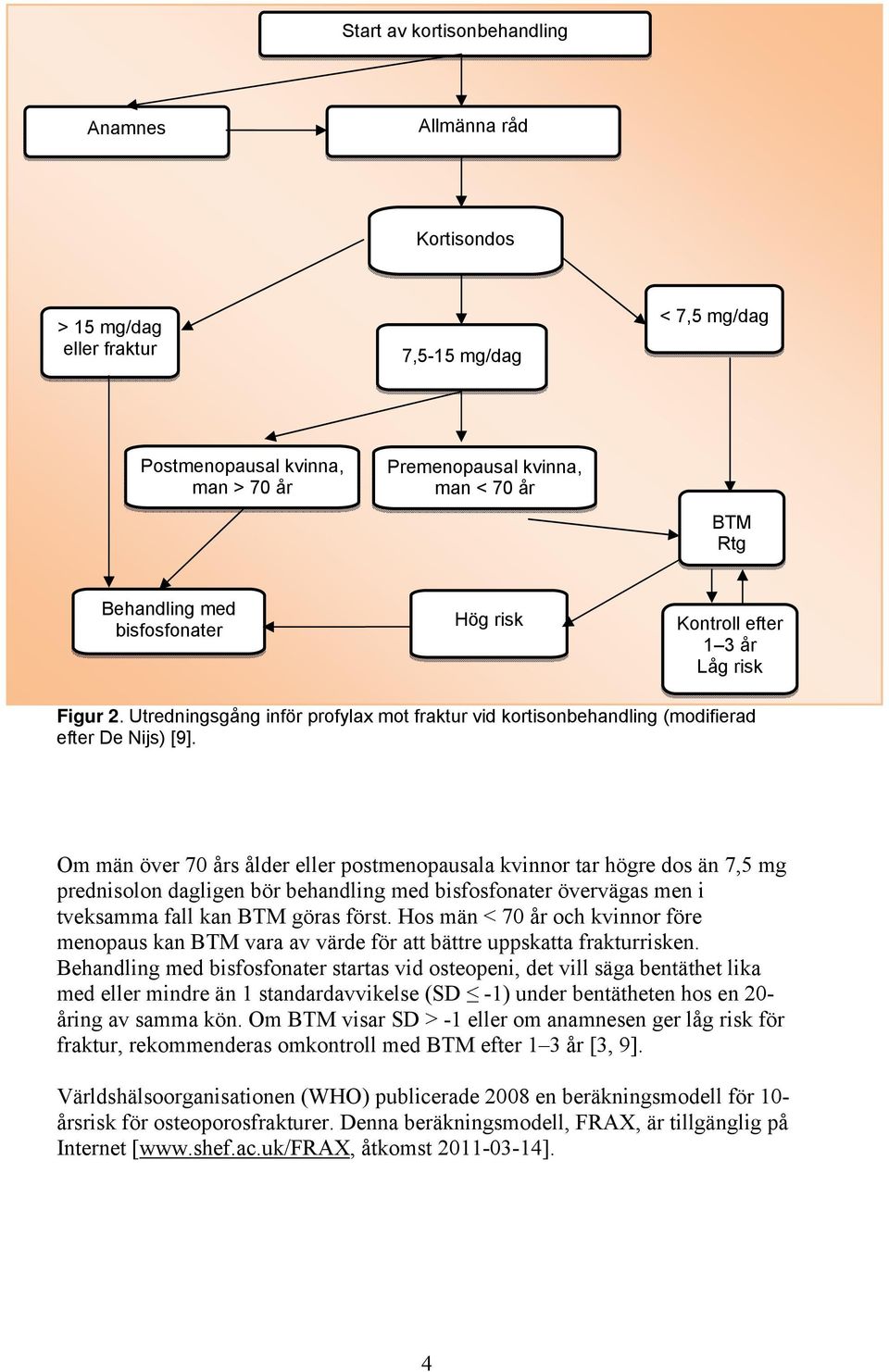 Om män över 70 års ålder eller postmenopausala kvinnor tar högre dos än 7,5 mg prednisolon dagligen bör behandling med bisfosfonater övervägas men i tveksamma fall kan BTM göras först.