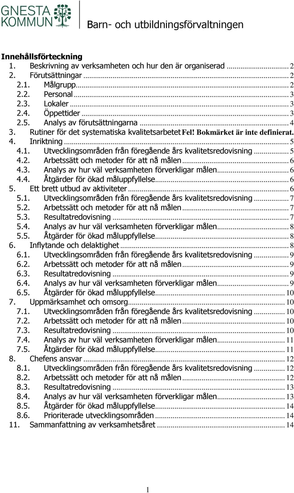 Utvecklingsområden från föregående års kvalitetsredovisning... 5 4.2. Arbetssätt och metoder för att nå målen... 6 4.3. Analys av hur väl verksamheten förverkligar målen... 6 4.4. Åtgärder för ökad måluppfyllelse.