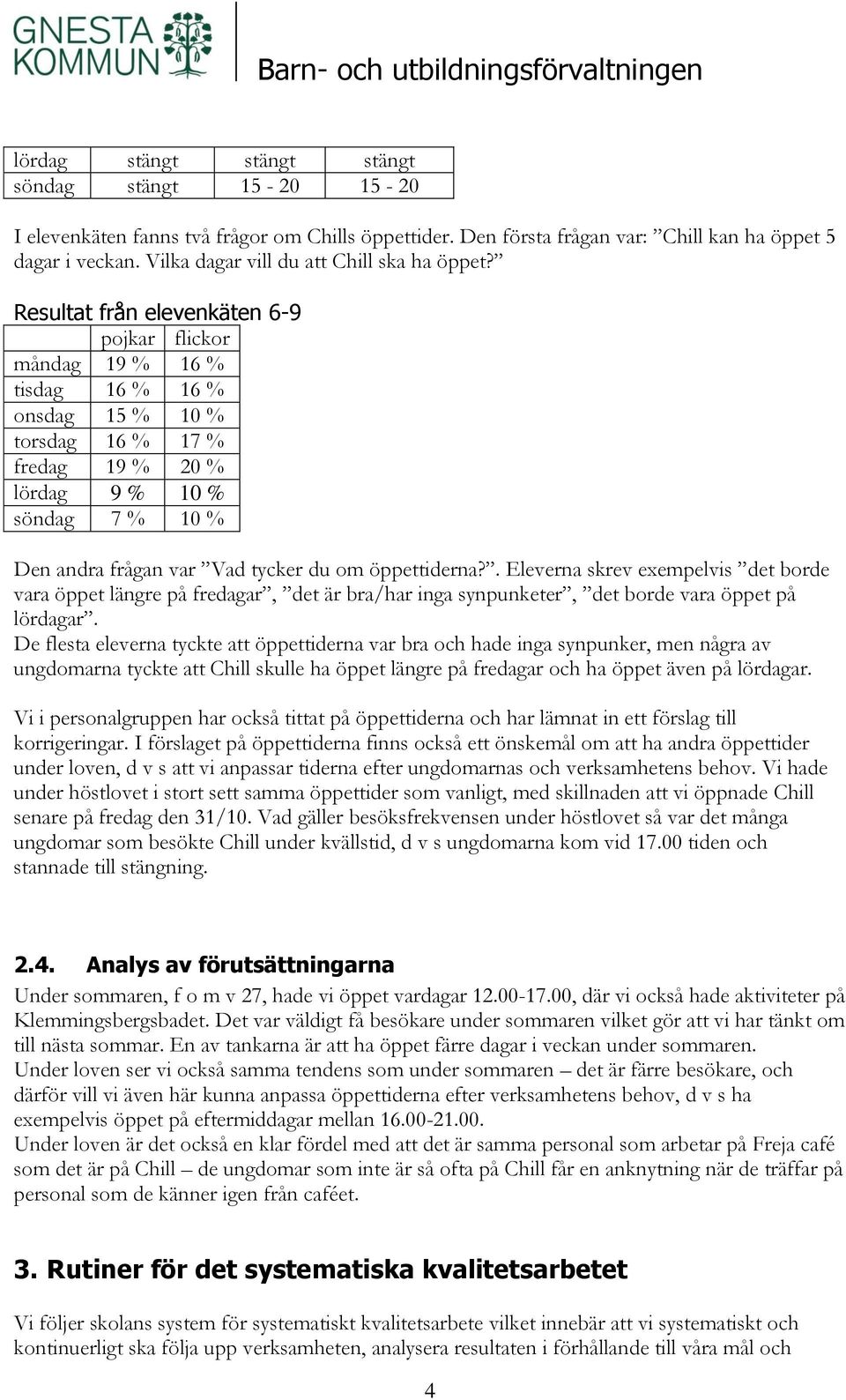 Resultat från elevenkäten 6-9 pojkar flickor måndag 19 % 16 % tisdag 16 % 16 % onsdag 15 % 10 % torsdag 16 % 17 % fredag 19 % 20 % lördag 9 % 10 % söndag 7 % 10 % Den andra frågan var Vad tycker du