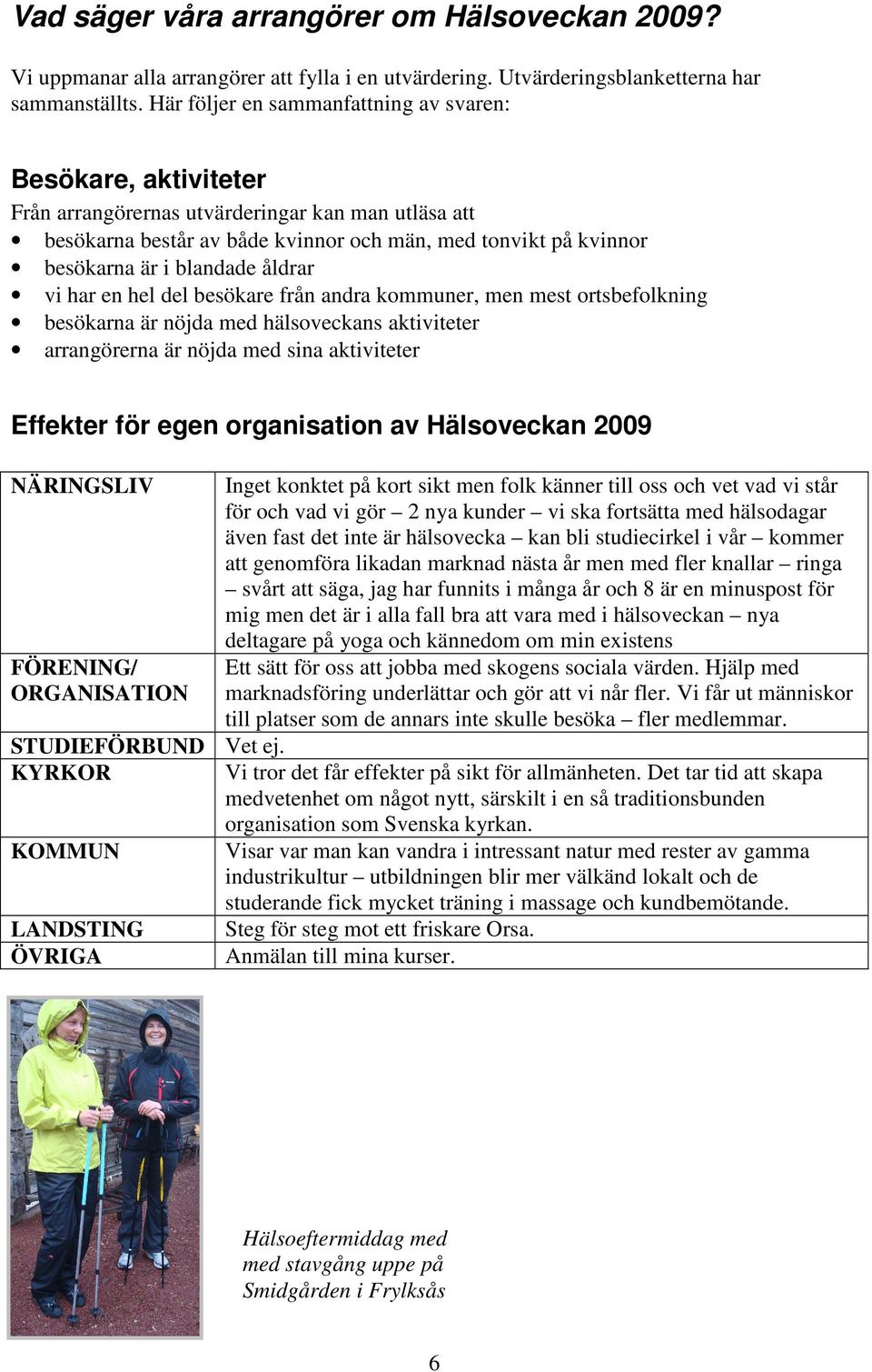 blandade åldrar vi har en hel del besökare från andra kommuner, men mest ortsbefolkning besökarna är nöjda med hälsoveckans aktiviteter arrangörerna är nöjda med sina aktiviteter Effekter för egen