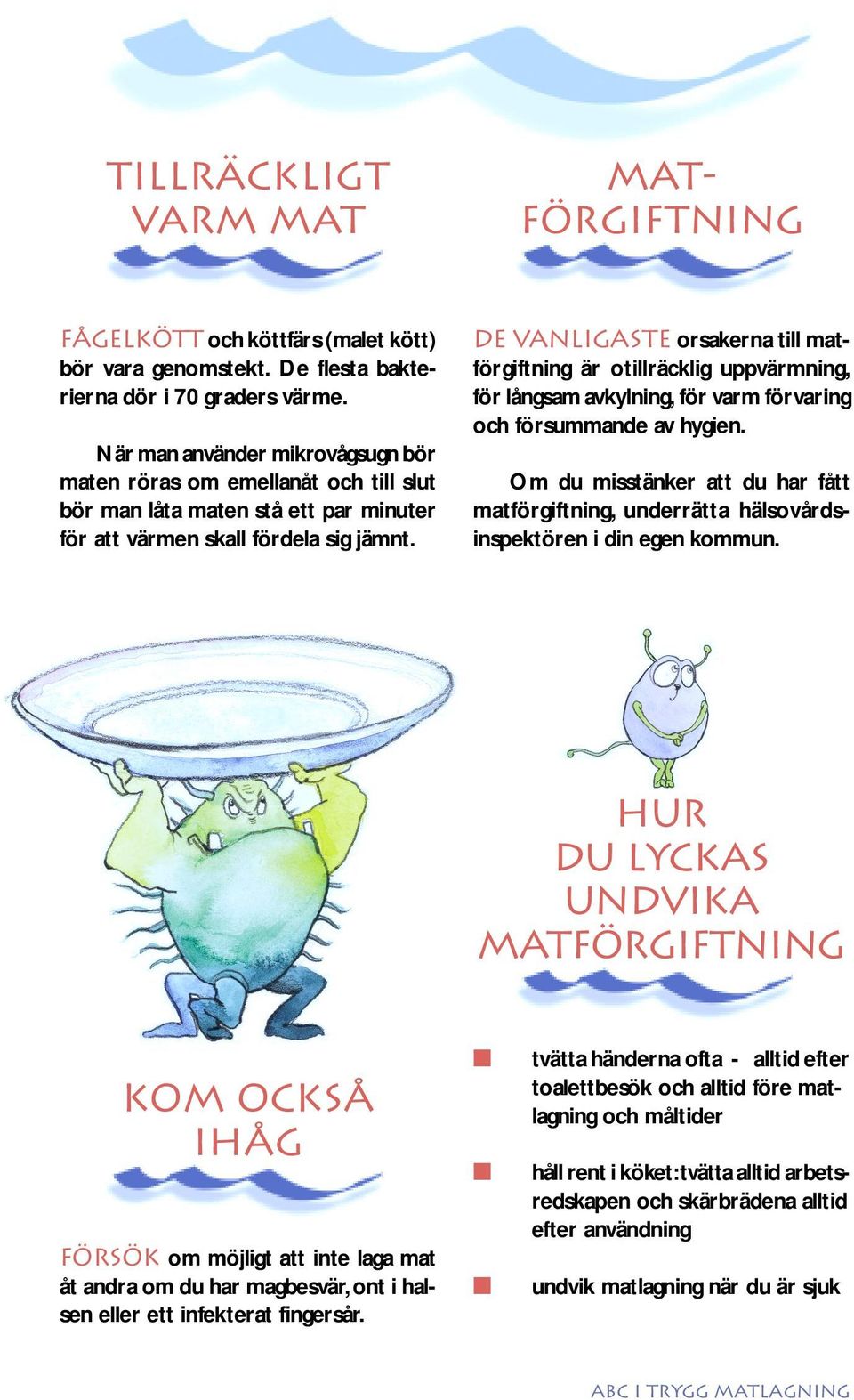 De vanligaste orsakerna till matförgiftning är otillräcklig uppvärmning, för långsam avkylning, för varm förvaring och försummande av hygien.