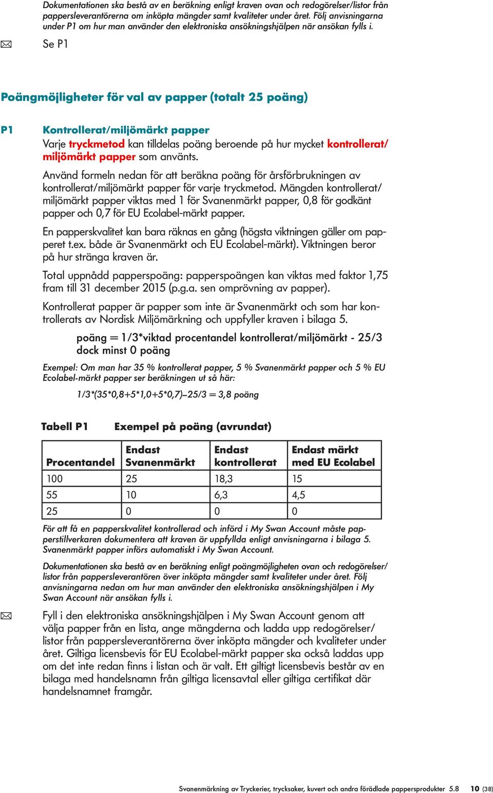 Poängmöjigheter för va av papper (totat 25 poäng) P1 Kontroerat/mijömärkt papper Varje tryckmetod kan tideas poäng beroende på hur mycket kontroerat/ mijömärkt papper som använts.