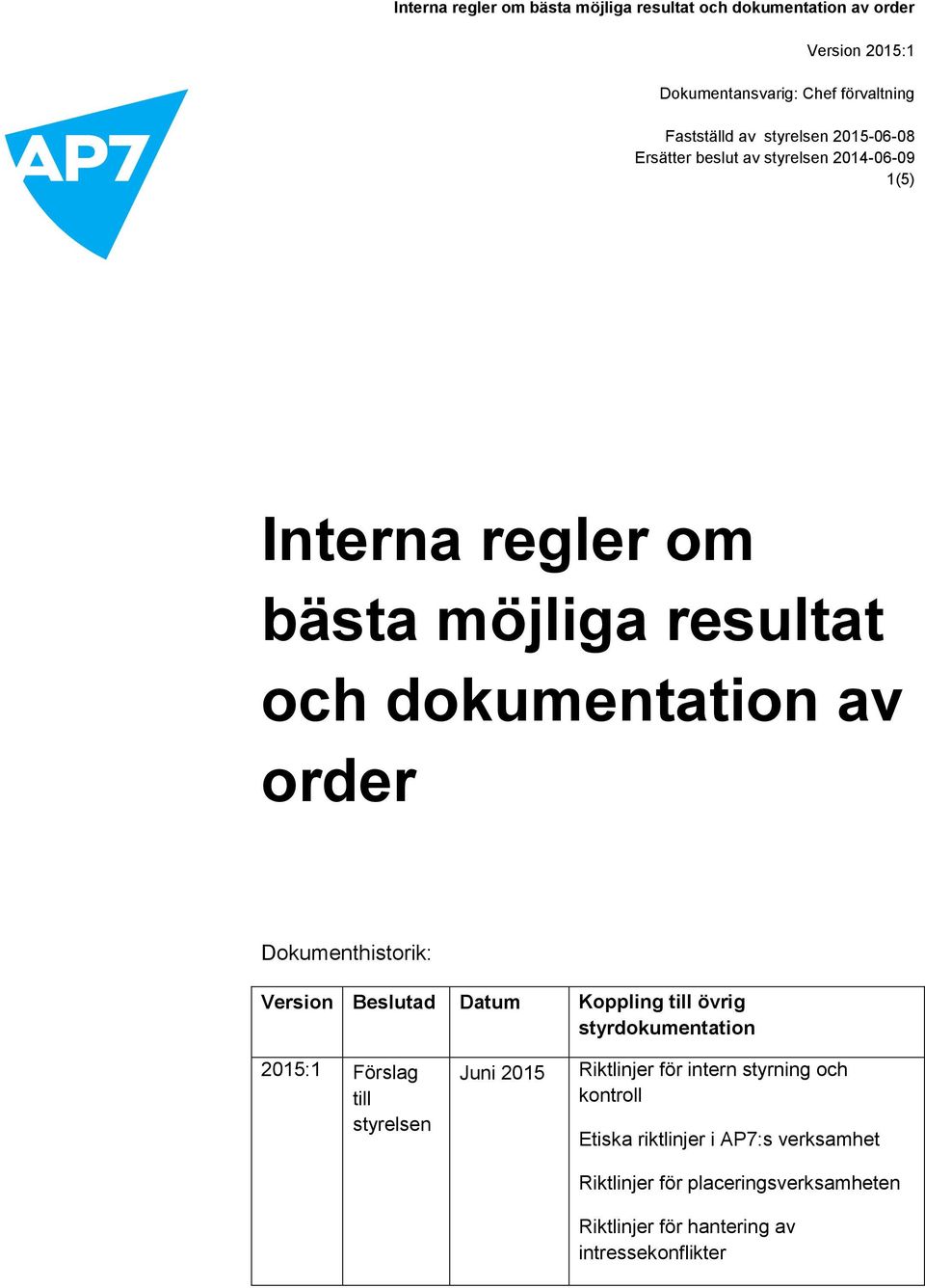 Förslag till styrelsen Juni 2015 Riktlinjer för intern styrning och kontroll Etiska