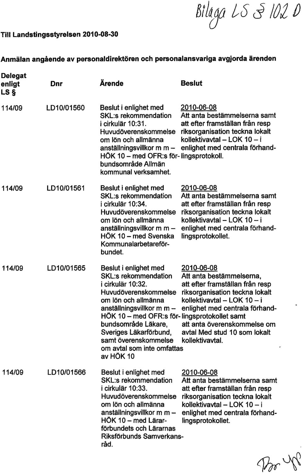 att efter framställan från resp Huvudöverenskommelse riksorganisation teckna lokalt om lön och allmänna kollektivavtal - LOK 10 - i anställningsvillkor m m - enlighet med centrala förhand HÖK 10- med