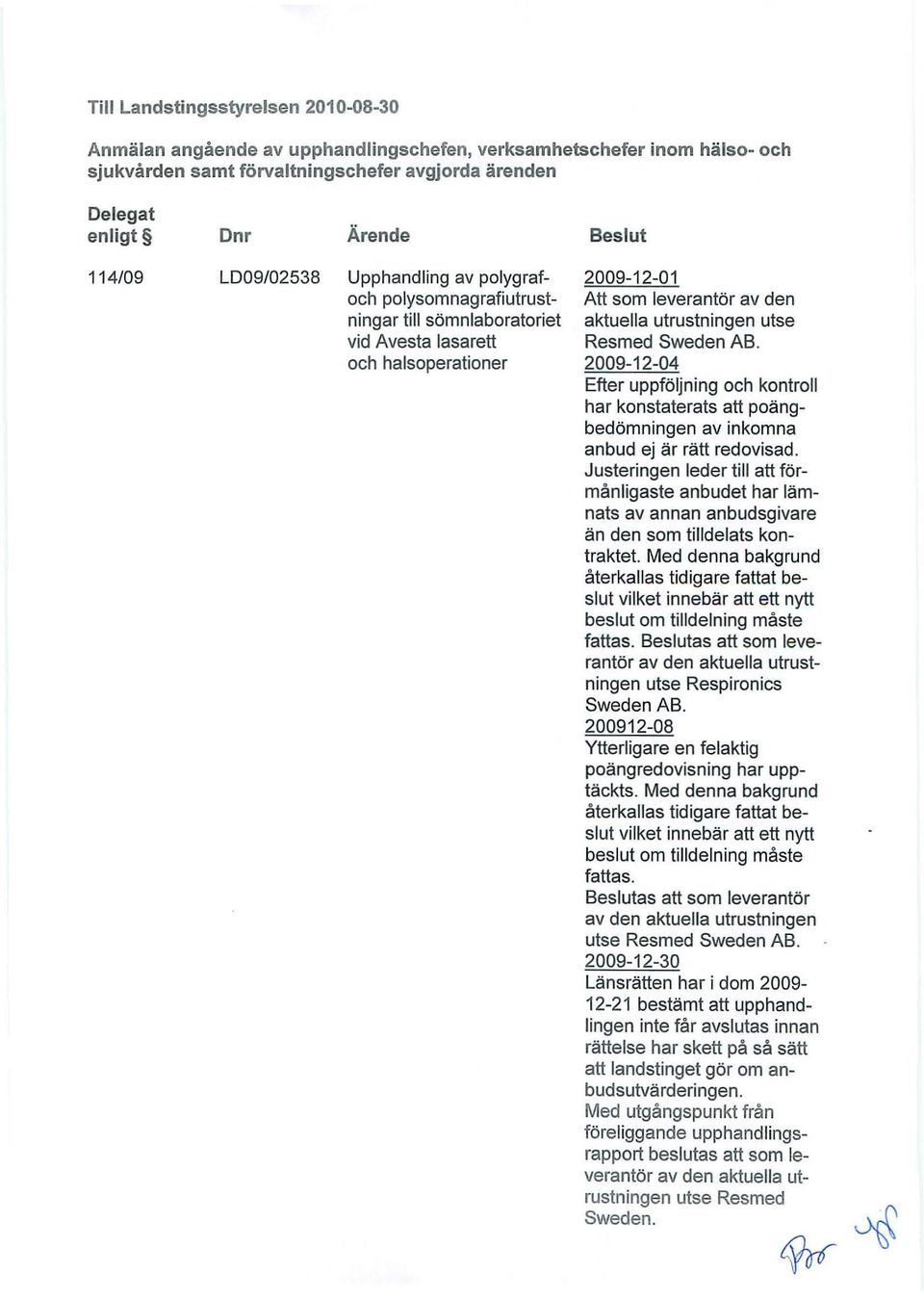 Sweden AB. 2009-12-04 Efter uppföljn ing och kontroll har konstaterats att poängbedömningen av inkomna anbud ej är rätt redovisad.