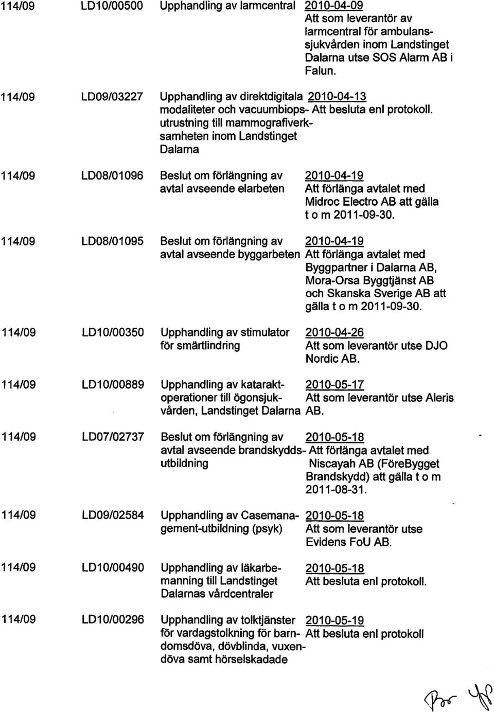 utrustning till mammografiverksamheten inom Landstinget Dalarna LD08/01096 Beslut om förlängning av 2010-04-19 avtal avseende elarbeten Att förlänga avtalet med Midroc Electro AB att gälla t o m