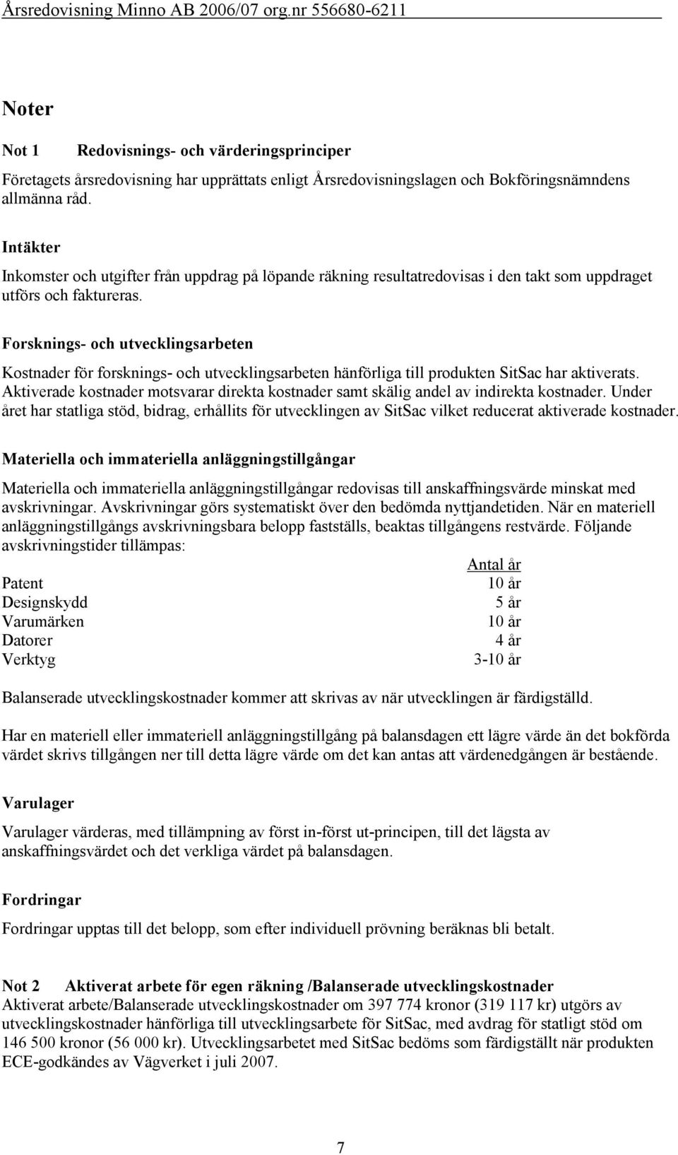 Forsknings- och utvecklingsarbeten Kostnader för forsknings- och utvecklingsarbeten hänförliga till produkten SitSac har aktiverats.