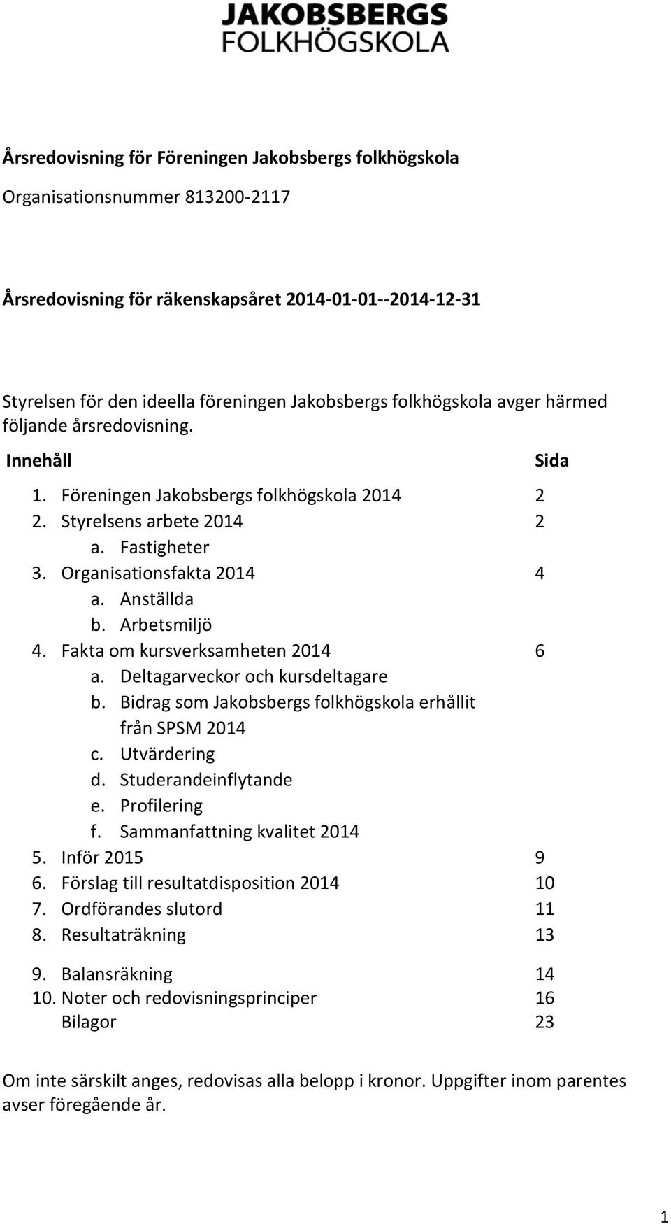 Arbetsmiljö 4. Fakta om kursverksamheten 2014 6 a. Deltagarveckor och kursdeltagare b. Bidrag som Jakobsbergs folkhögskola erhållit från SPSM 2014 c. Utvärdering d. Studerandeinflytande e.