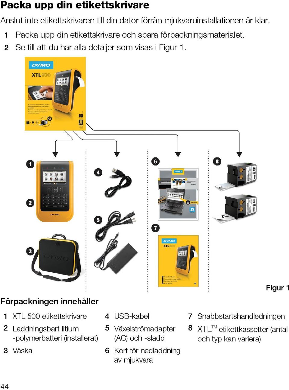 Förpackningen innehåller Figur 1 1 XTL 500 etikettskrivare 4 USB-kabel 7 Snabbstartshandledningen 2 Laddningsbart litium