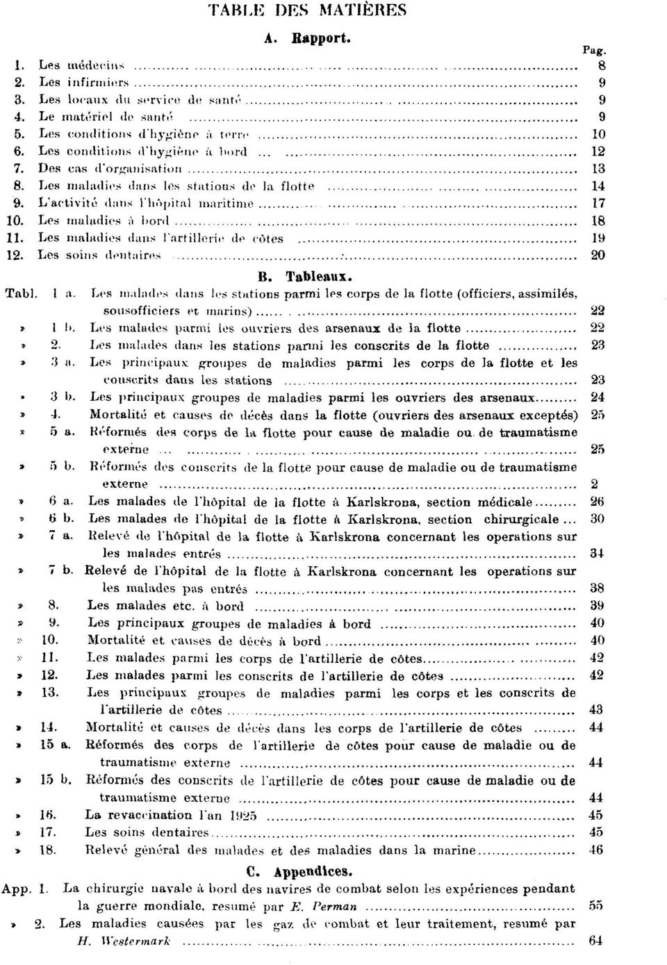 Les maladies dans l'artillerie de côtes 19 12. Les soins dentaires 20 B. Tableaux. Tabl. 1 a.