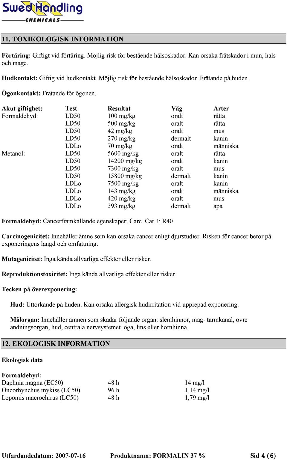 Akut giftighet: Test Resultat Väg Arter Formaldehyd: LD50 100 mg/kg oralt råtta LD50 500 mg/kg oralt råtta LD50 42 mg/kg oralt mus LD50 270 mg/kg dermalt kanin LDLo 70 mg/kg oralt människa Metanol: