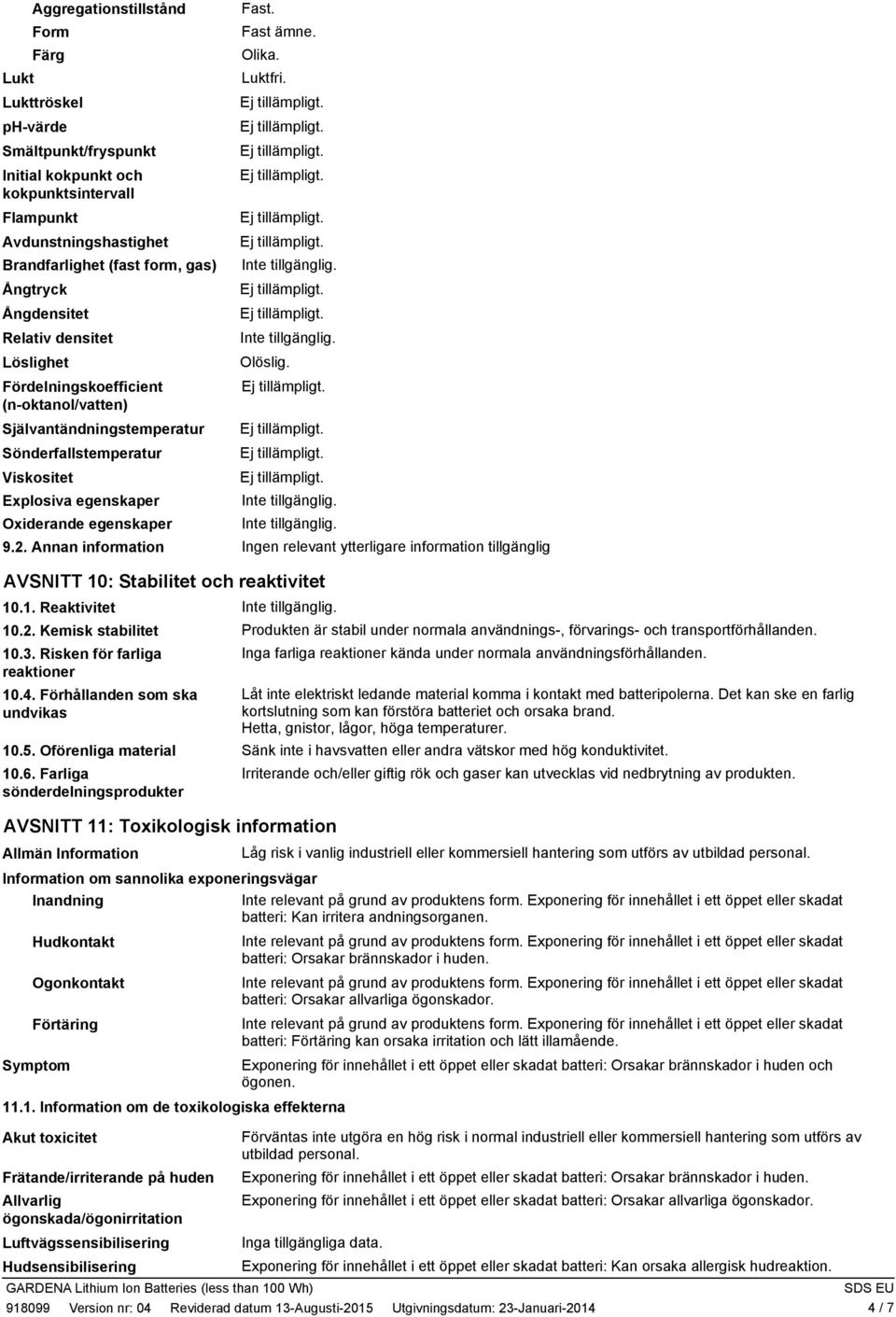 Annan information Fast. Fast ämne. Olika. Luktfri. Olöslig. Ingen relevant ytterligare information tillgänglig AVSNITT 10: Stabilitet och reaktivitet 10.1. Reaktivitet 10.2. Kemisk stabilitet 10.3.
