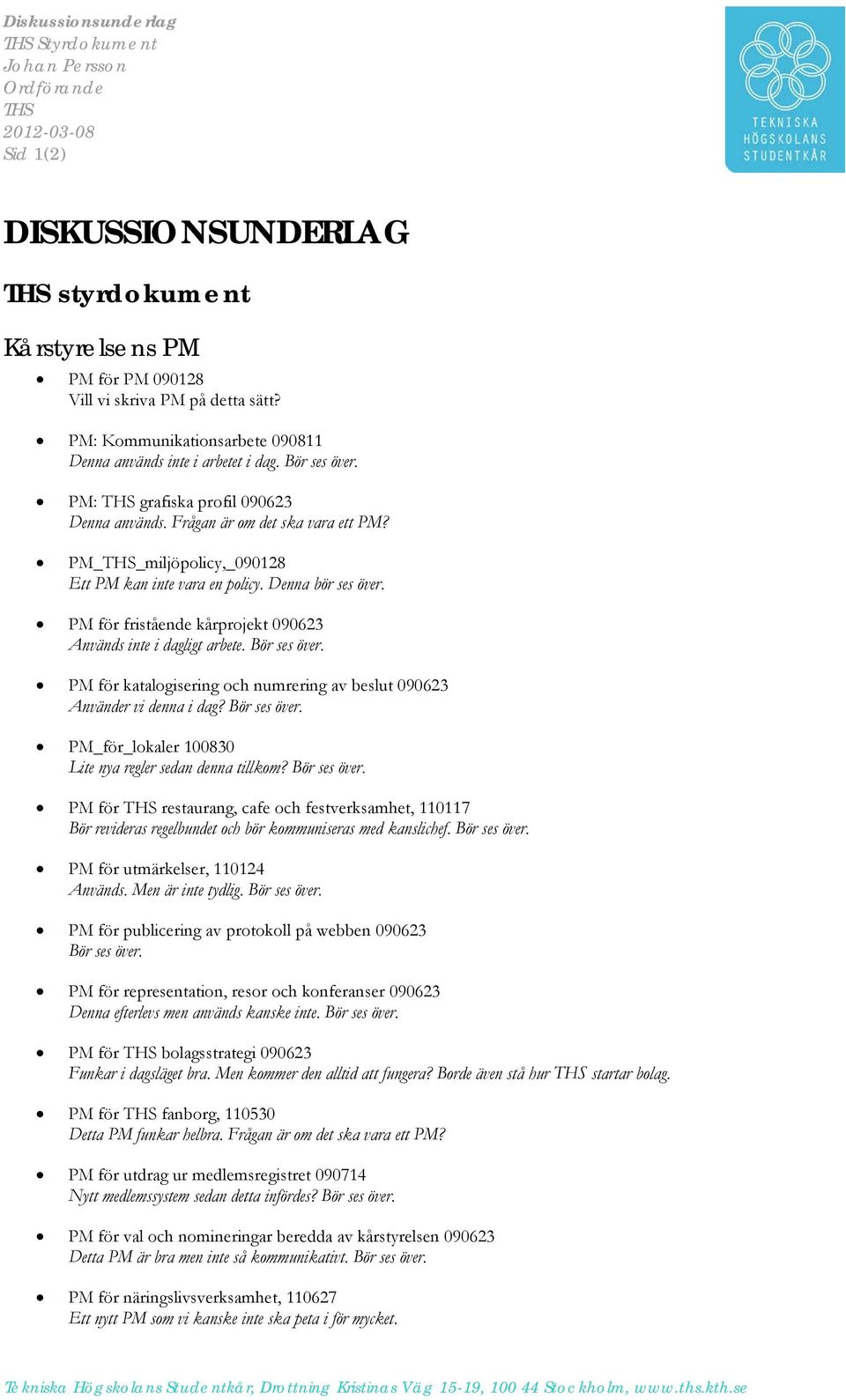 PM_THS_miljöpolicy,_090128 Ett PM kan inte vara en policy. Denna bör ses över. PM för fristående kårprojekt 090623 Används inte i dagligt arbete. Bör ses över.